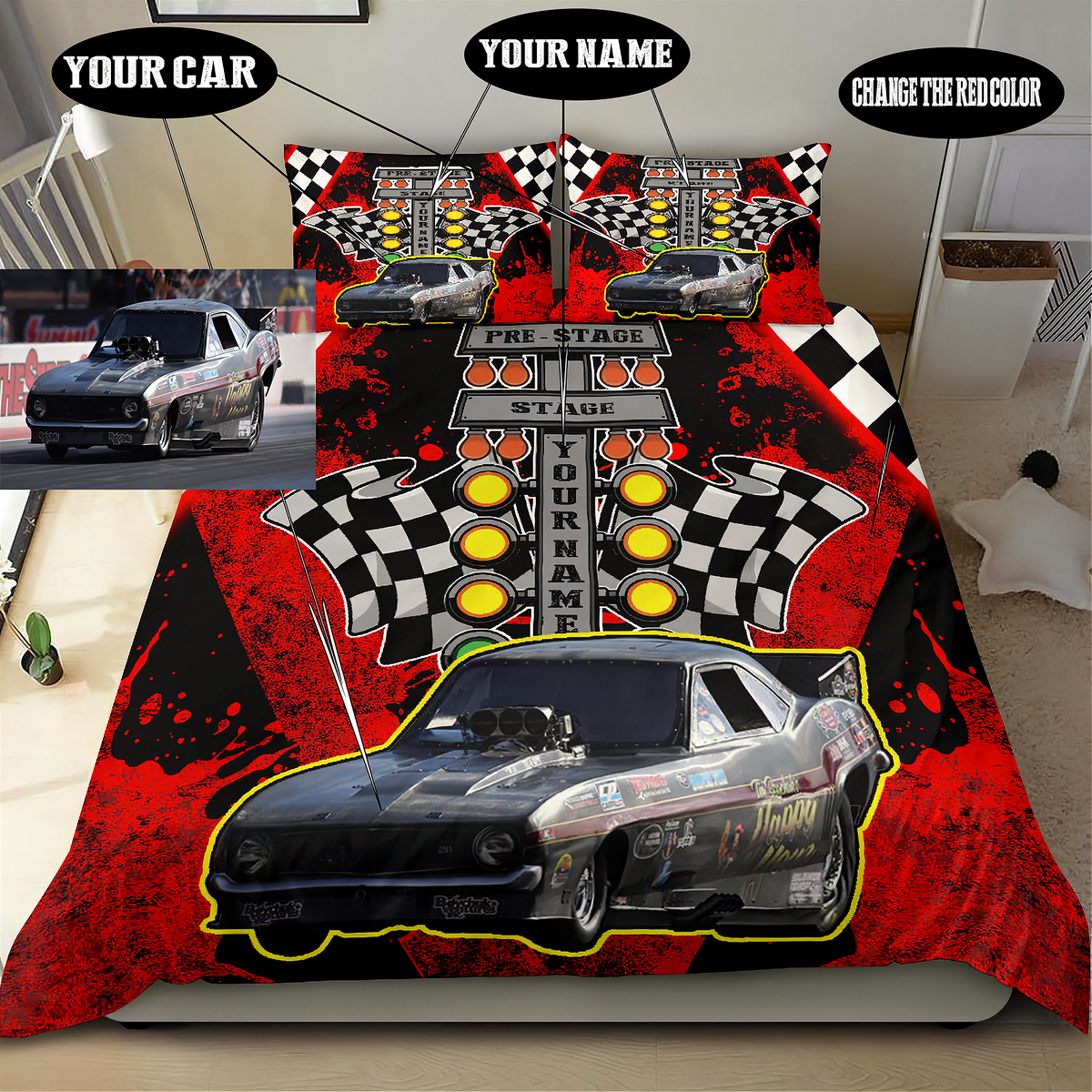 Personalized Drag Racing Bedding Set | Your Photo & Name | RIIMB
