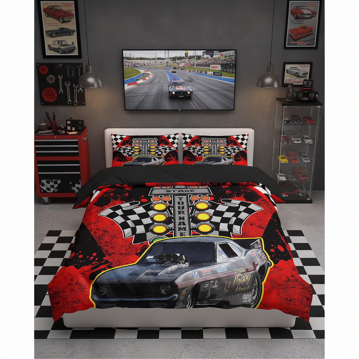 A racing-themed bedding set, including a duvet cover and two pillowcases, displayed on a bed in a styled bedroom. The bedding features a prominent graphic of a muscle race car, checkered flags, and the words 'drag' on a red and black background.racing