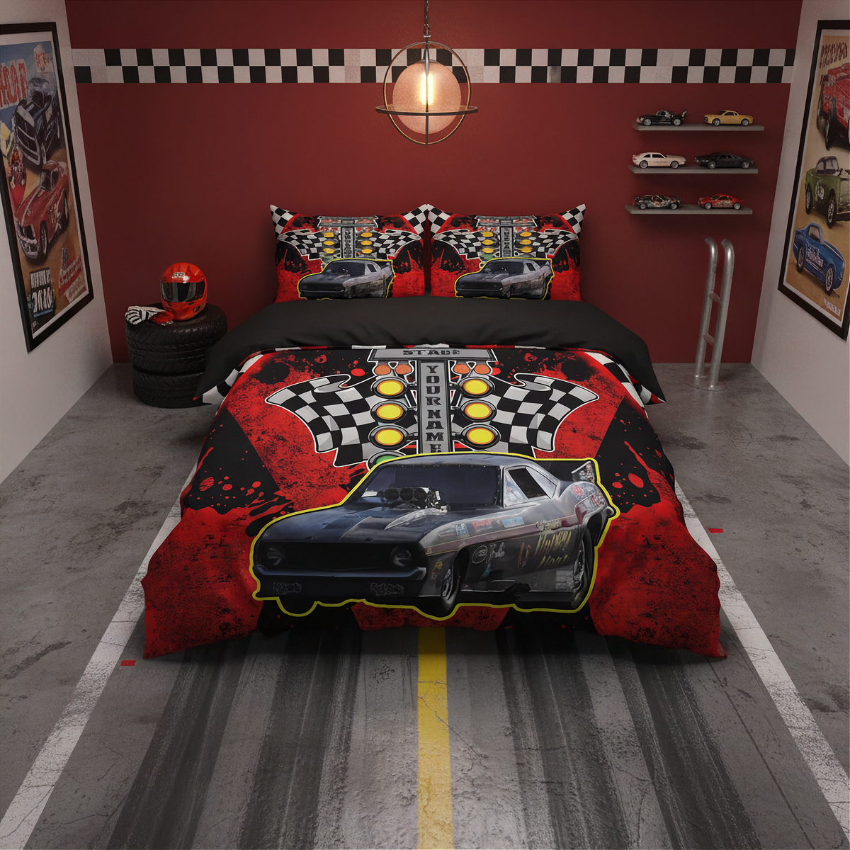 A racing-themed bedding set displayed on a bed in a styled bedroom. The set includes a duvet cover and matching pillowcases featuring a black race car, checkered flags, and red splatter graphics.
