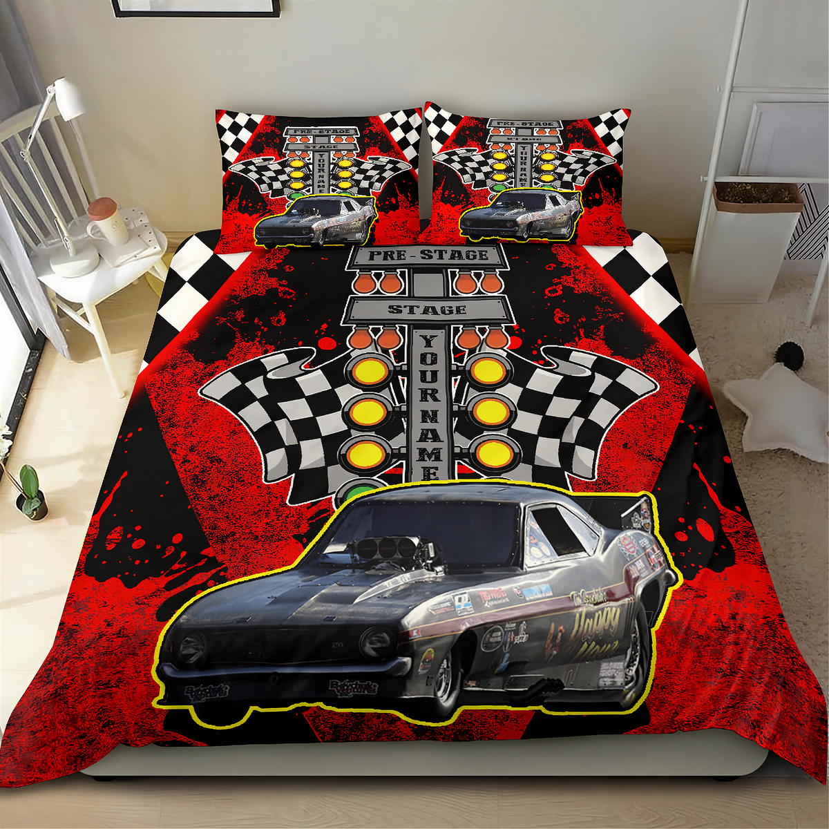 A racing-themed bedding set featuring a duvet cover and two pillowcases with a black and red design, checkered flags, yellow lights, and a large race car graphic, shown on a bed in a bedroom.