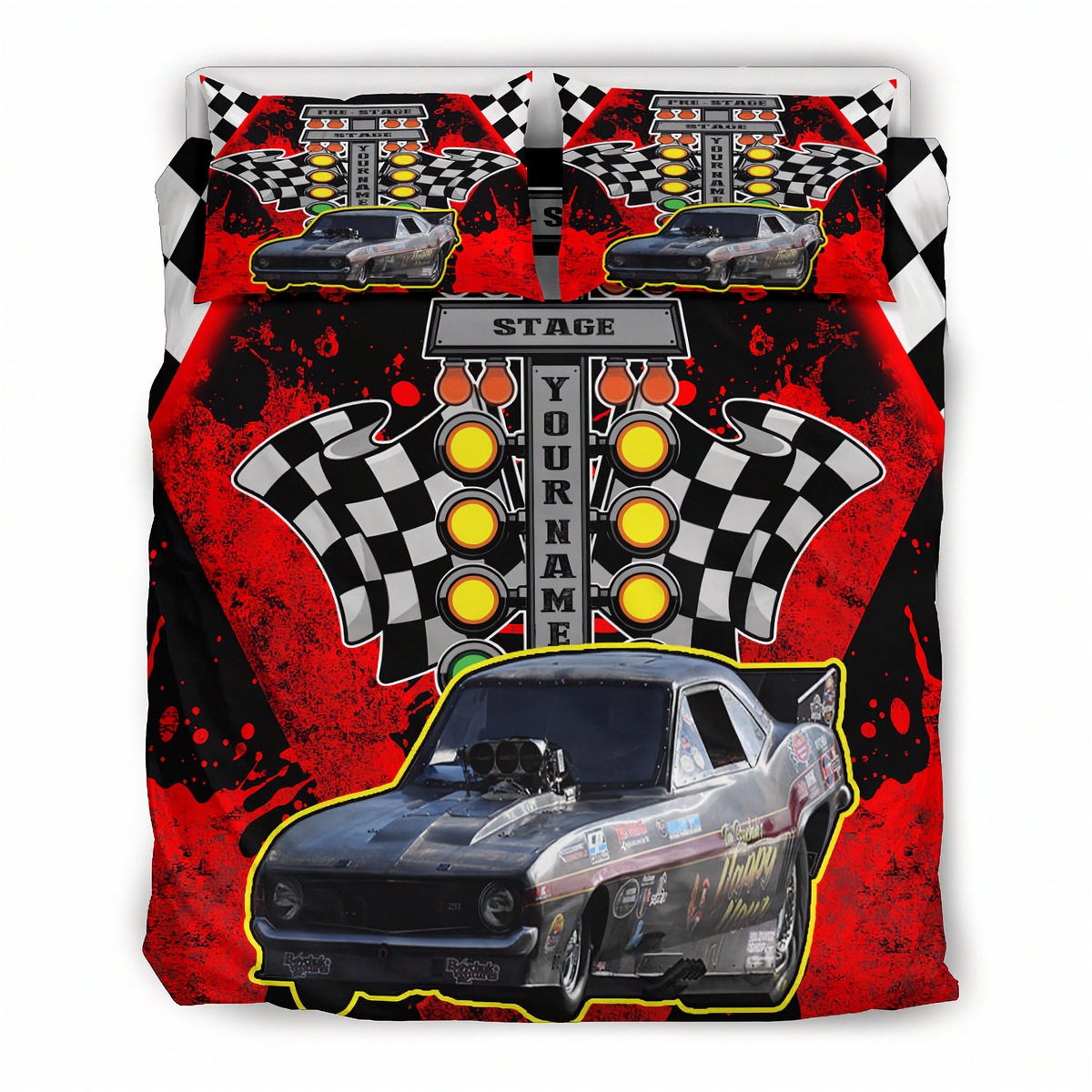 A racing-themed bedding set featuring a duvet cover and two pillowcases with a bold graphic print. The design includes a black and gray race car, checkered flags, yellow traffic lights, and a central sign reading 'STAGE YOUR NAME'.