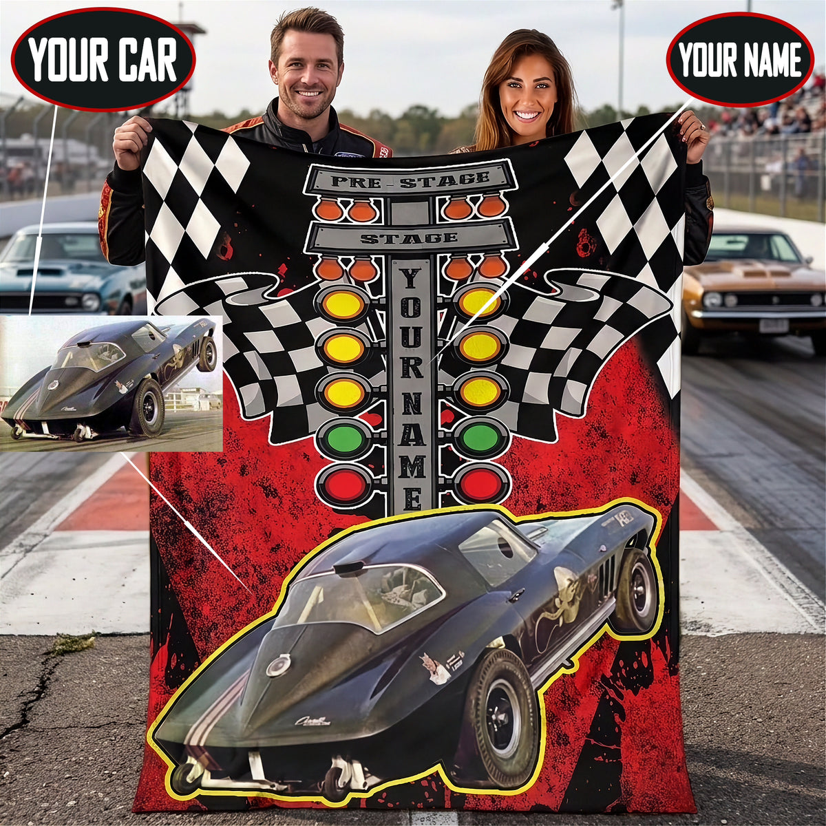 Couple holding a personalized drag racing blanket at the dragstrip, with callouts showing custom car photo and name placement.
