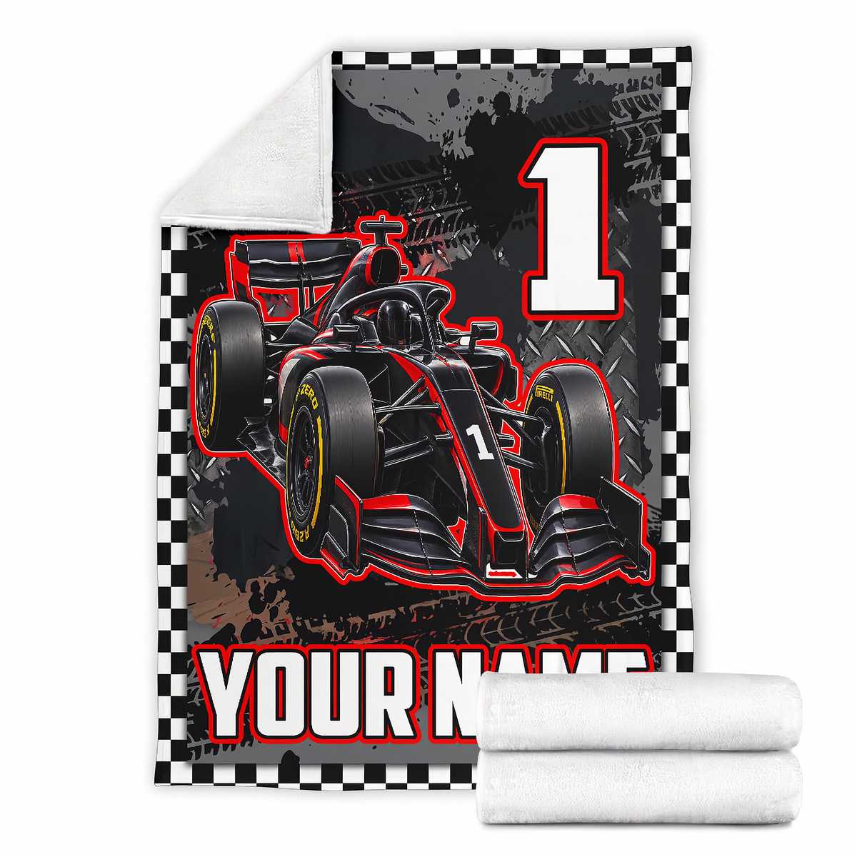 A customizable fleece blanket featuring a red and black Formula 1 race car, a large white number 1, and 'YOUR NAME' text, shown with a folded white sherpa lining and two rolled white towels on a white background.