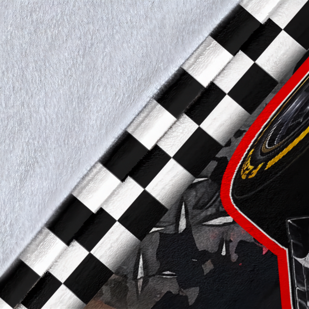A close-up of a checkered black and white racing flag design layered over a dark graphic background with a red border and a small portion of a tire visible.