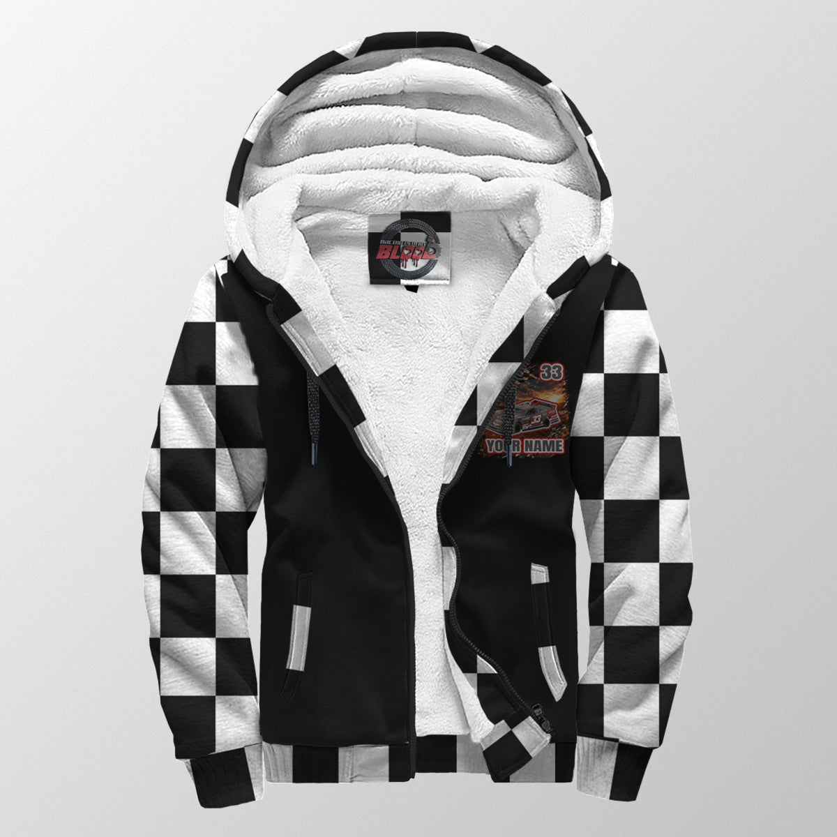 Front of late model sherpa jacket unzipped to show white sherpa lining, custom chest graphic, hood, and two pockets.
