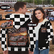 Couple wearing personalized late model sherpa jackets, with callouts showing custom car photo, name, and number options.