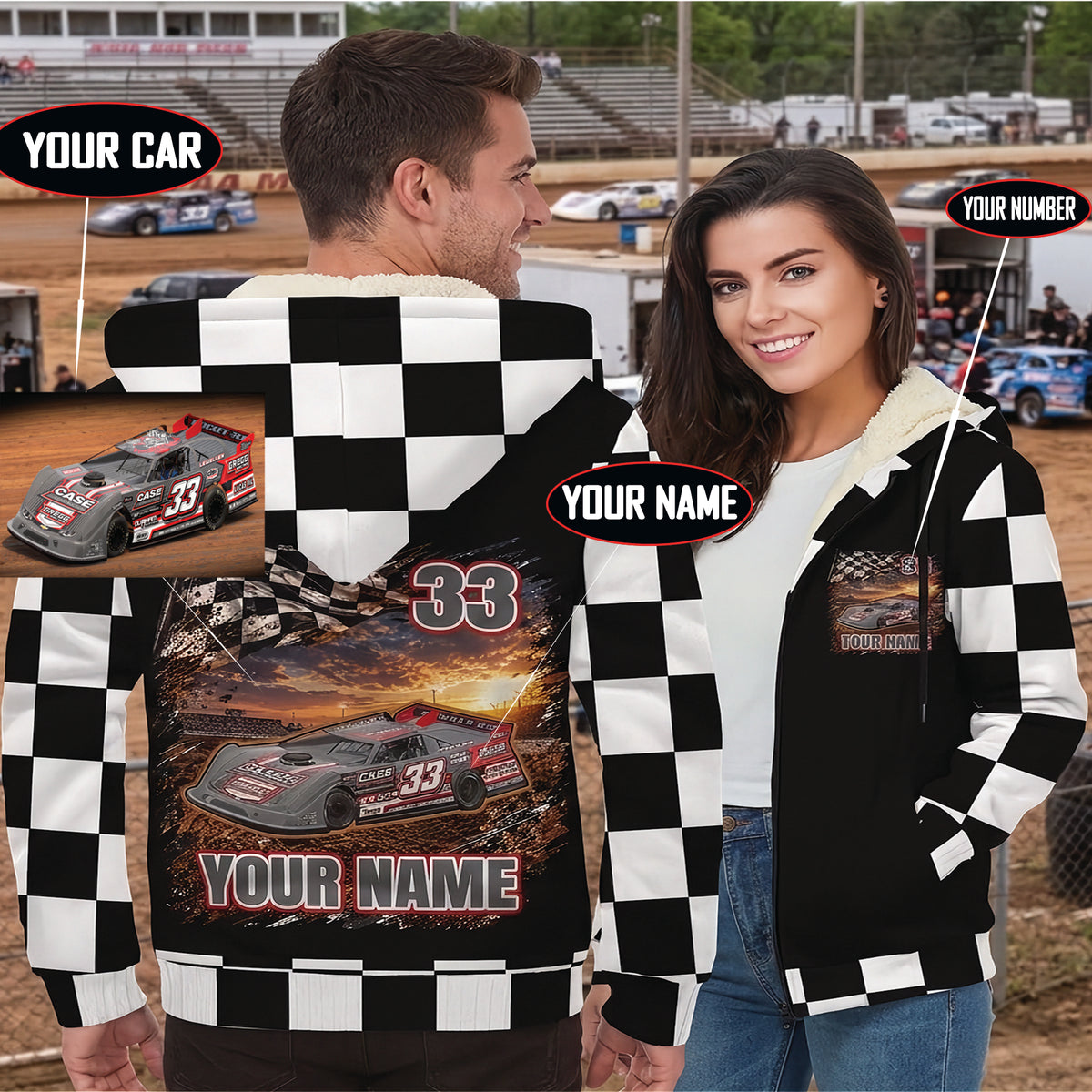 Couple wearing personalized late model sherpa jackets, with callouts showing custom car photo, name, and number options.