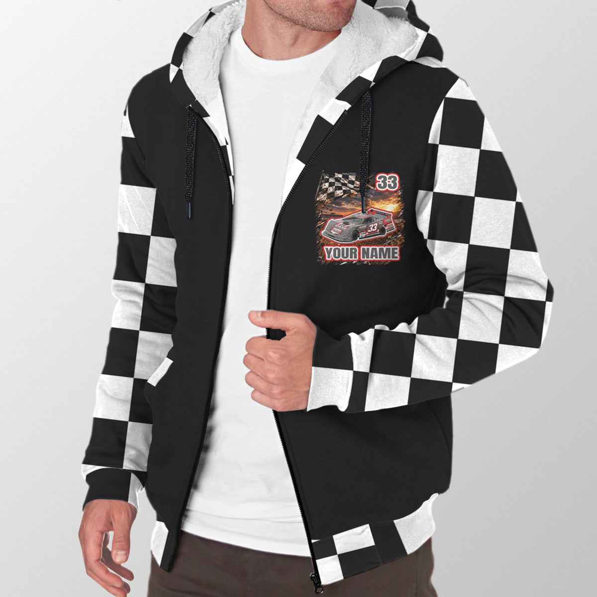 Man modeling a black late model sherpa jacket with personalized chest artwork, number 33, and checkered sleeves.