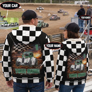 Couple wearing personalized Legends car sherpa jackets, with callouts showing custom car photo, name, and number options.