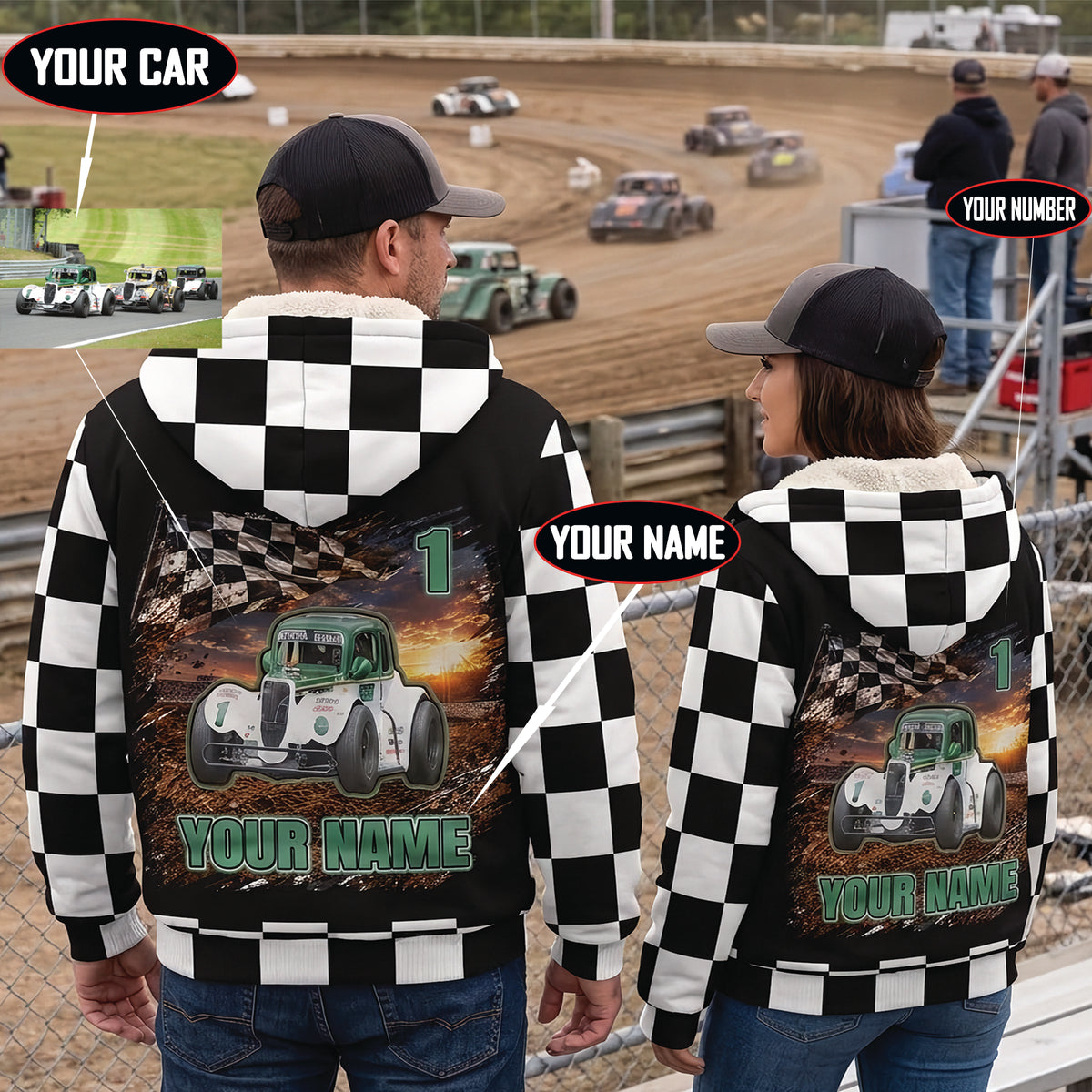 Couple wearing personalized Legends car sherpa jackets, with callouts showing custom car photo, name, and number options.