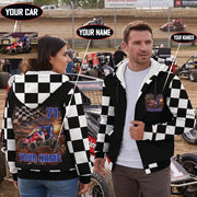 Couple wearing personalized dirt midget sherpa jackets, with callouts showing custom car photo, name, and number options.