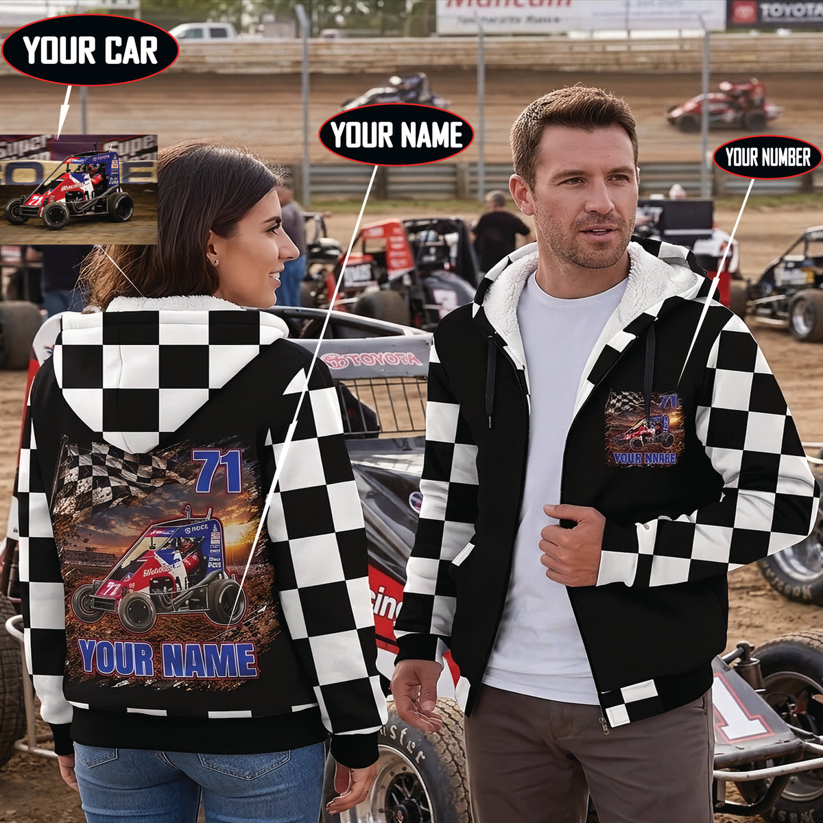 Couple wearing personalized dirt midget sherpa jackets, with callouts showing custom car photo, name, and number options.