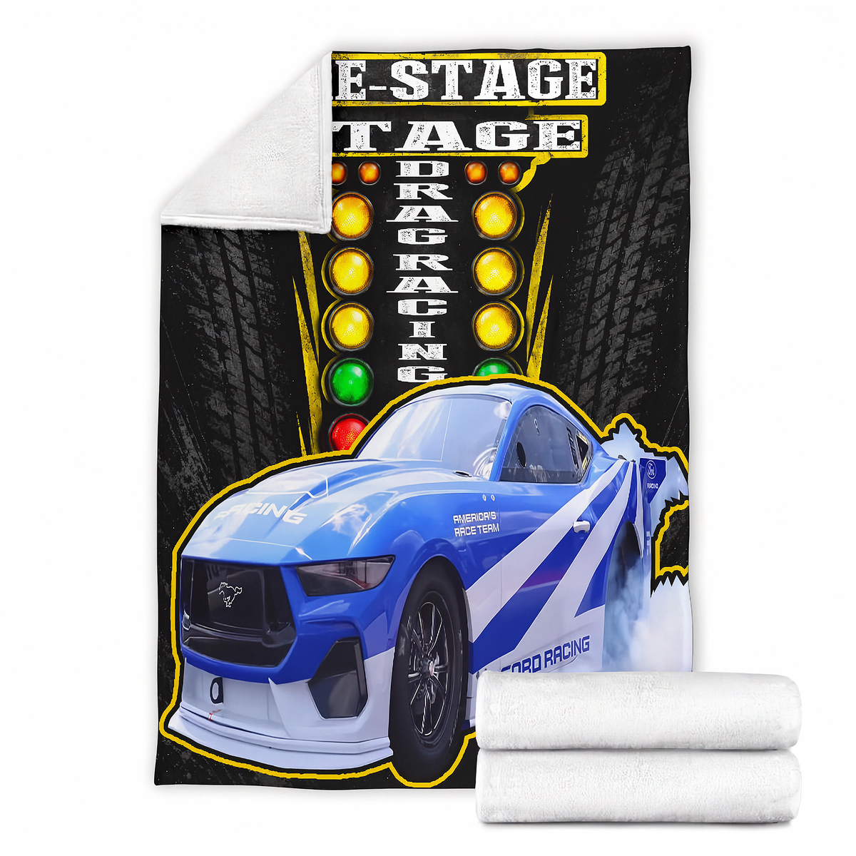A square fleece blanket featuring a blue drag racing car and a marquee-style 'Drag Racing' sign, shown with two rolled white sherpa sides on a white background.