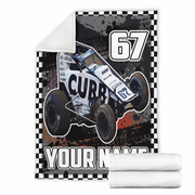 A custom printed fleece blanket featuring a white and black Non Wing sprint car with the number 67, a checkered border, and 'YOUR NAME' printed at the bottom. A rolled-up white fleece blanket is shown in the foreground, set against a plain white background.