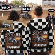Couple wearing personalized non-wing sprint car sherpa jackets, with callouts showing custom car photo, name, and number options.