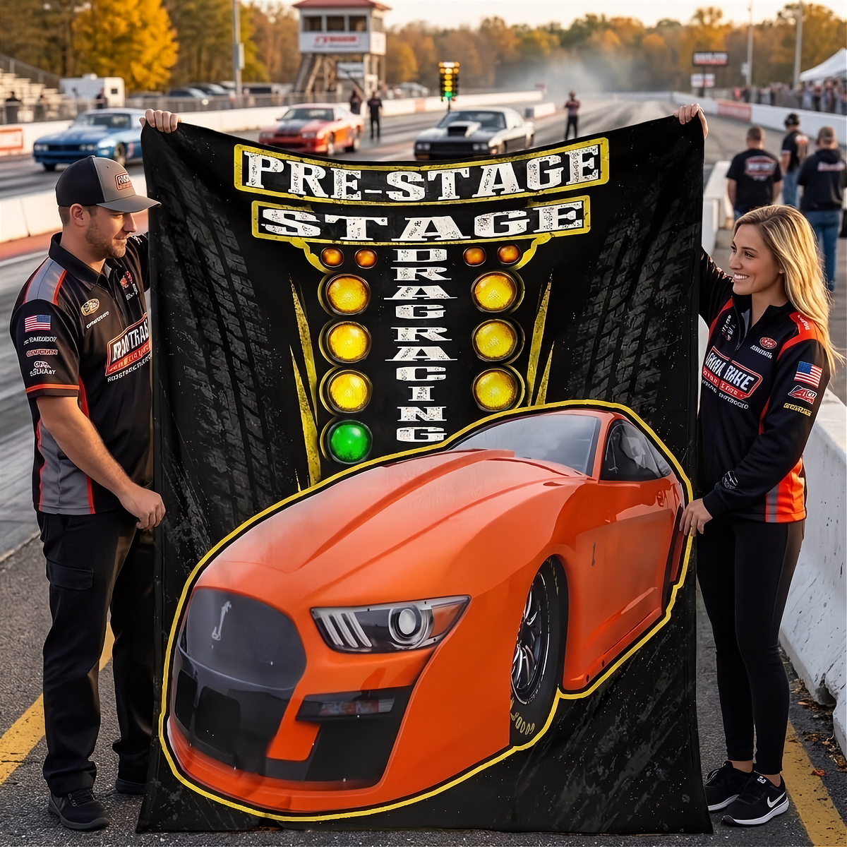 A man and a woman standing on a drag racetrack holding up a large black printed blanket featuring an orange race car and the words 'PRE-STAGE DRAG RACING' with yellow and green lights. Other racetrack elements and people are visible in the background.