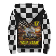 Back of personalized sprint car sherpa jacket with checkered sleeves and hood, sunset artwork, number 17, and “YOUR NAME.”