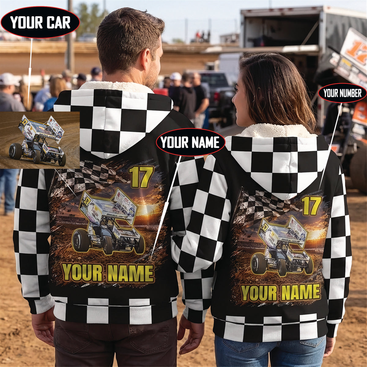 Couple wearing matching personalized sprint car sherpa jackets at a dirt track, showing checkered backs with car, name, and number.