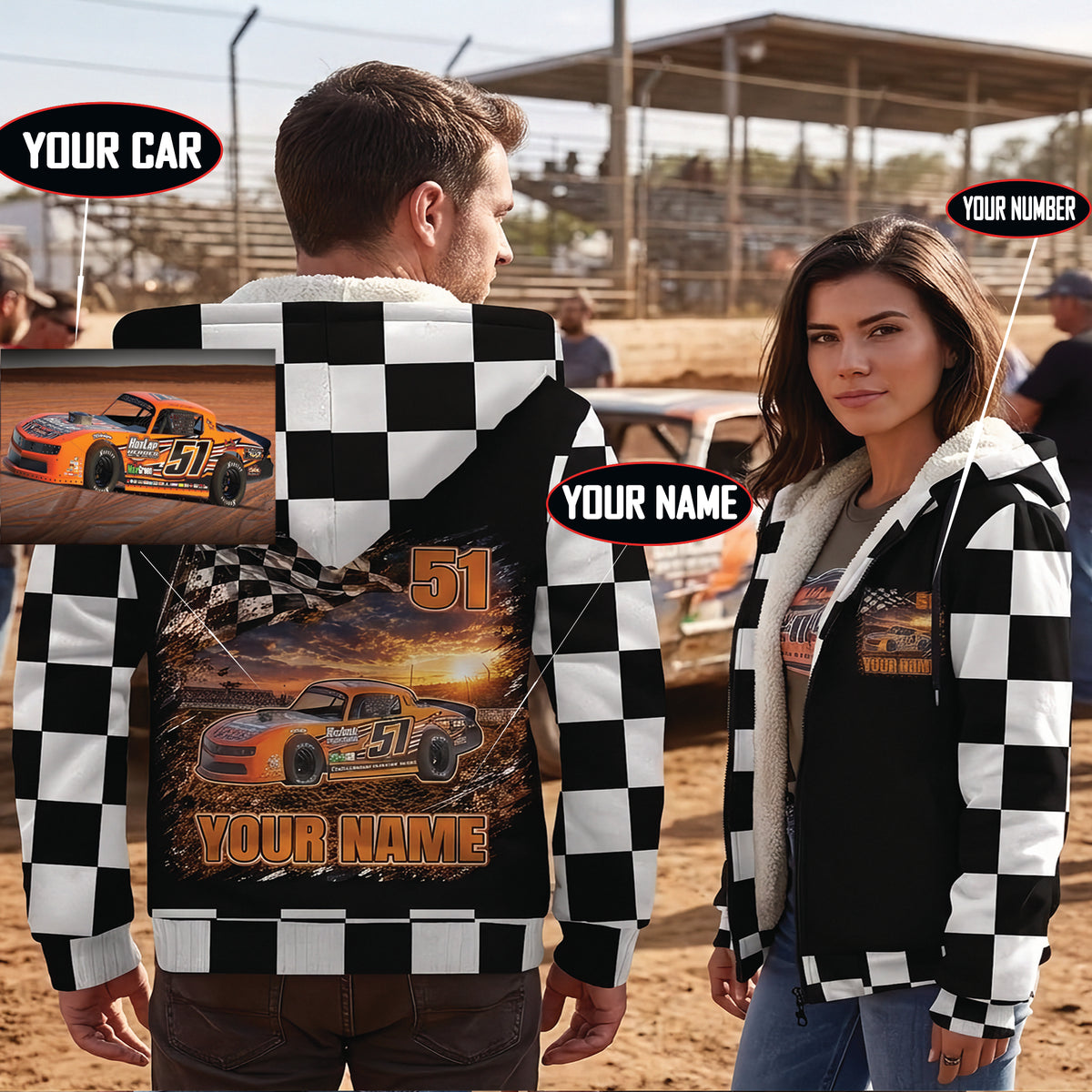 Couple wearing personalized street stock sherpa jackets, with callouts showing custom car photo, name, and number options.