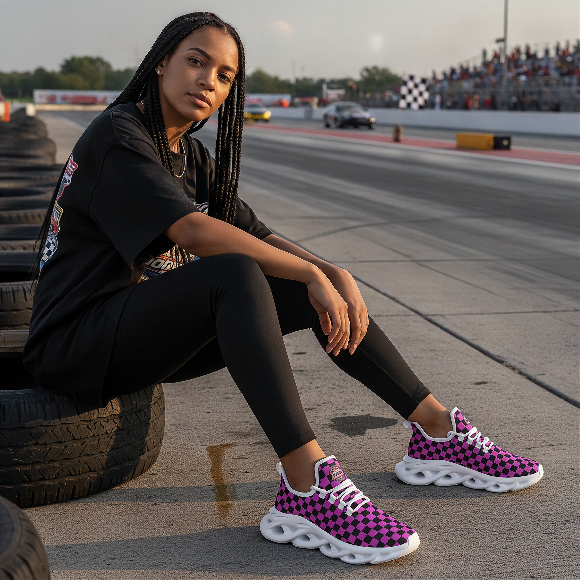 Woman sitting on a tire on a race track wearing checkered sneakers.