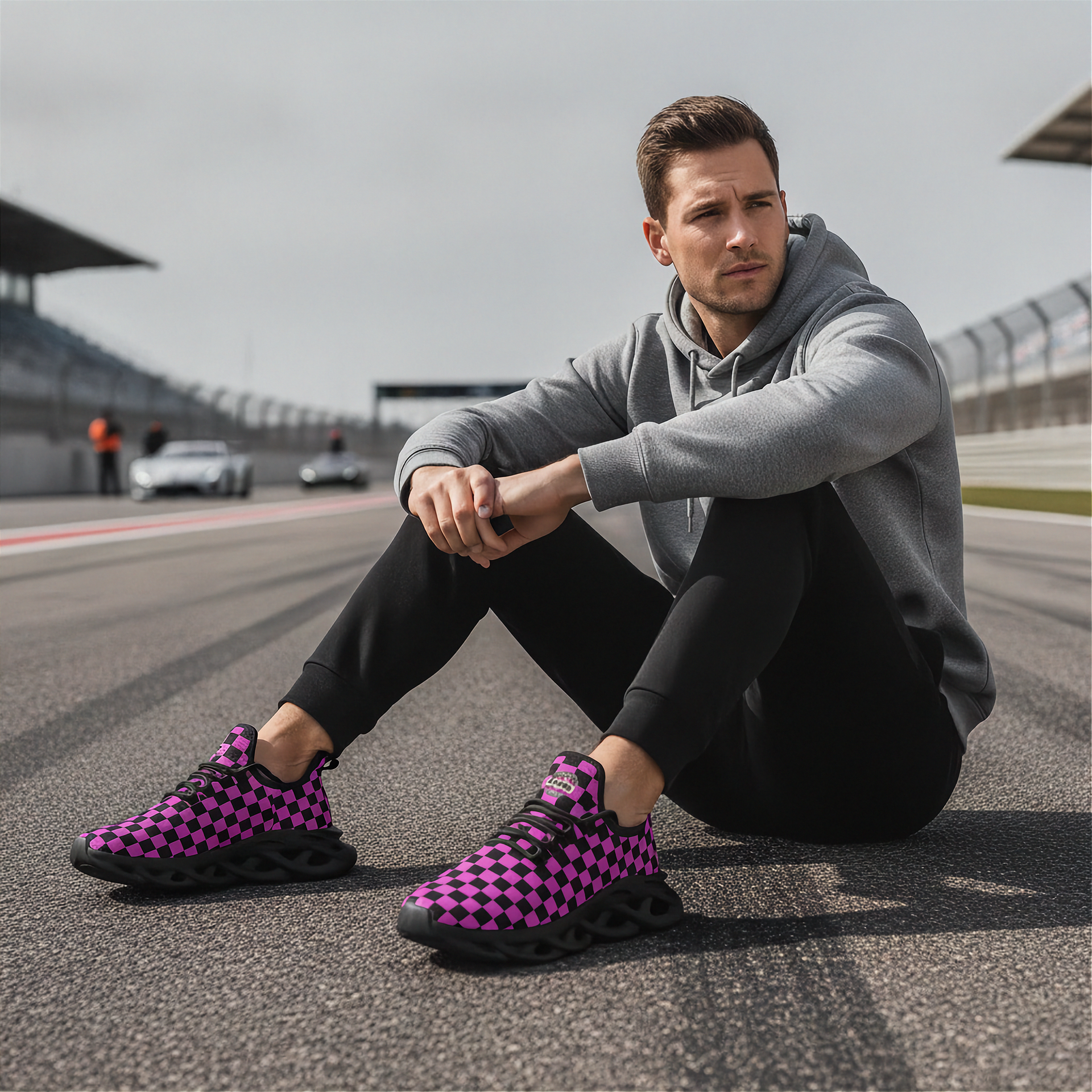 Man sitting on a race track wearing gray hoodie and black pants with pink checkered shoes.