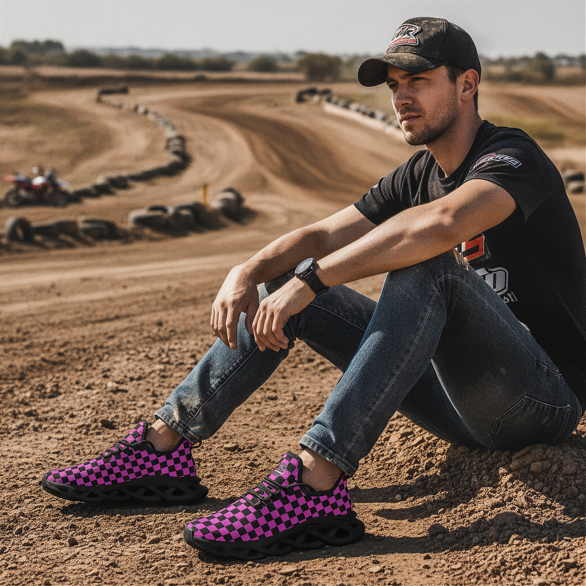 Man sitting on a dirt track wearing checkered shoes, black cap, and black t-shirt.