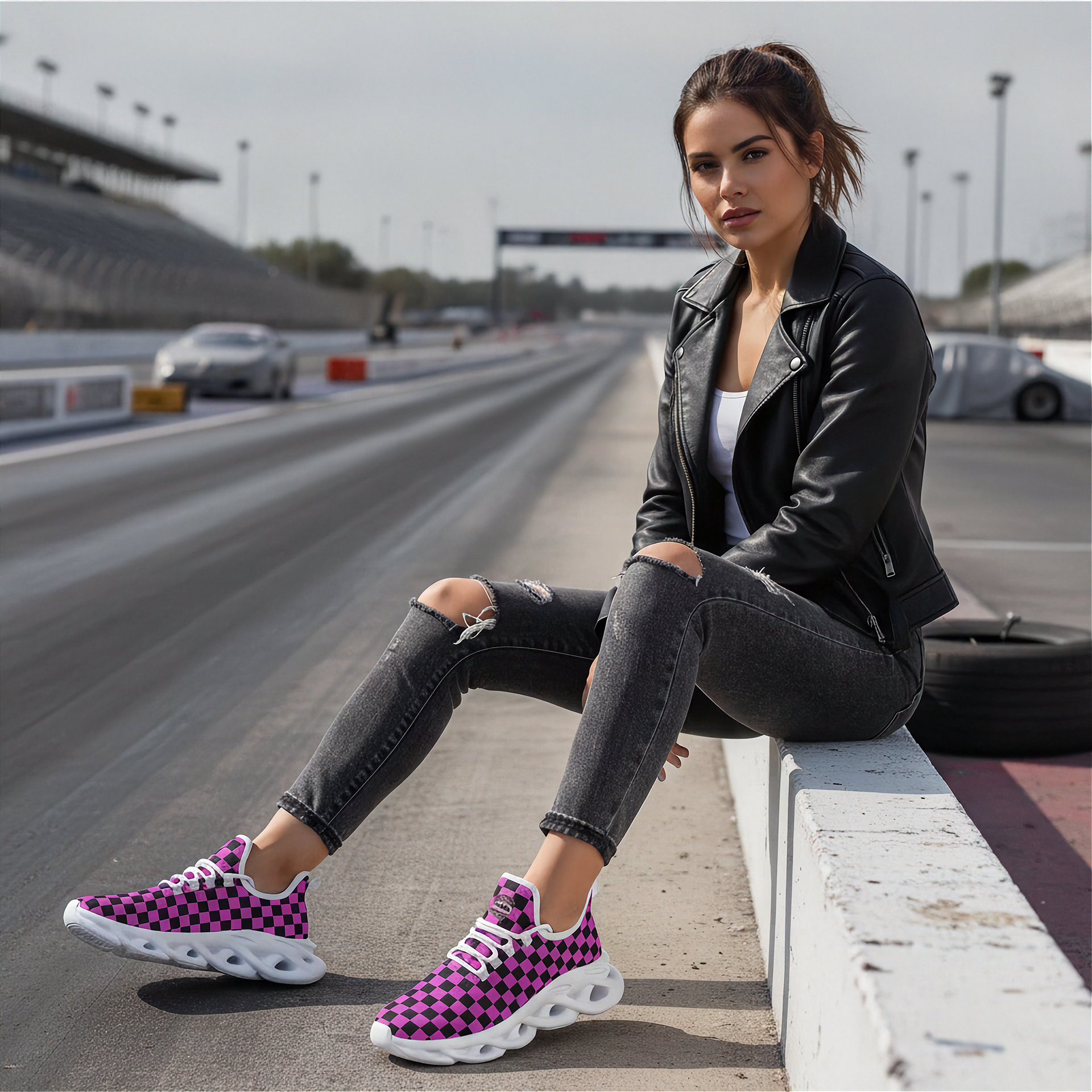 Woman sitting on a race track wearing black leather jacket, ripped jeans, and pink checkered sneakers.