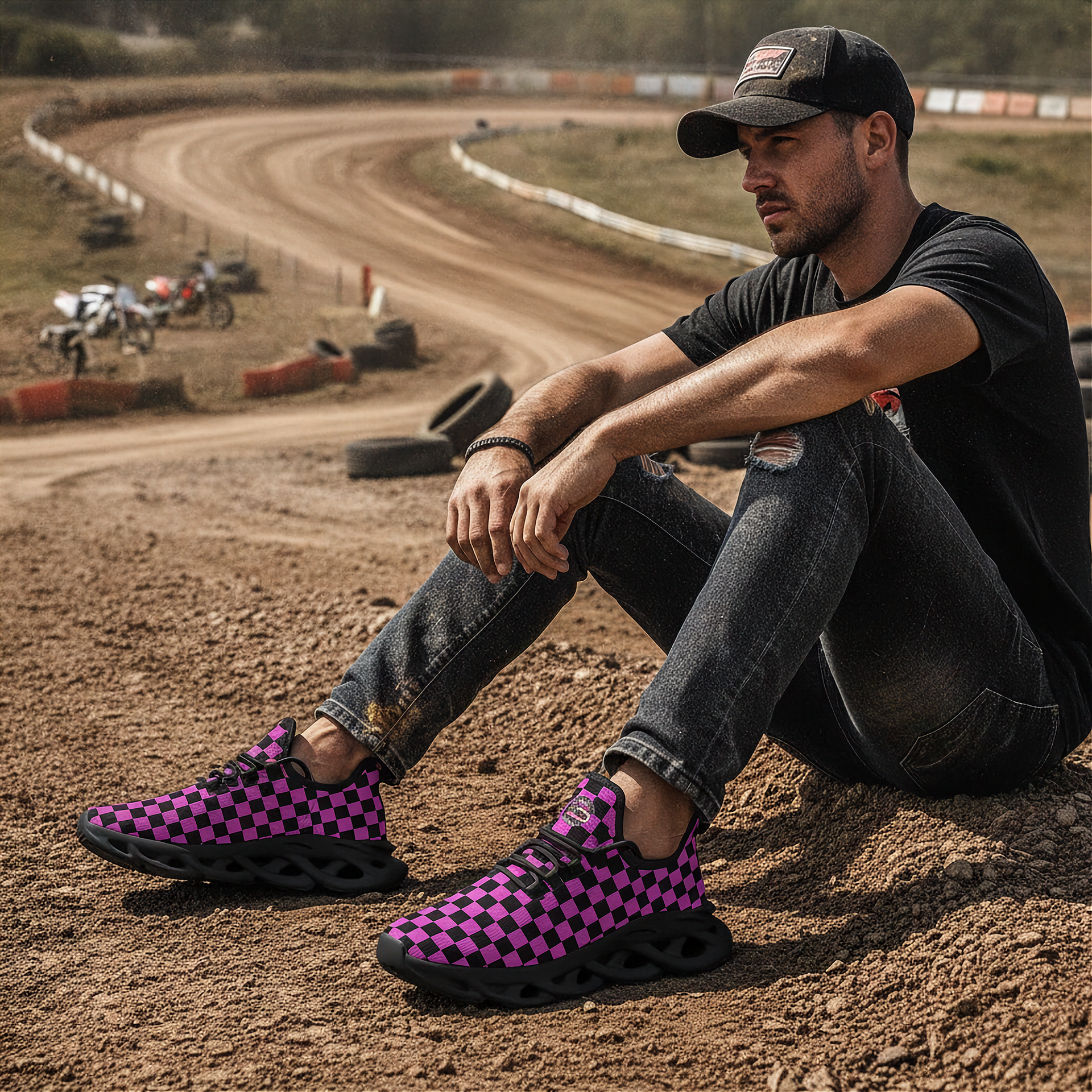 Man sitting on a dirt track wearing black and pink checkered shoes