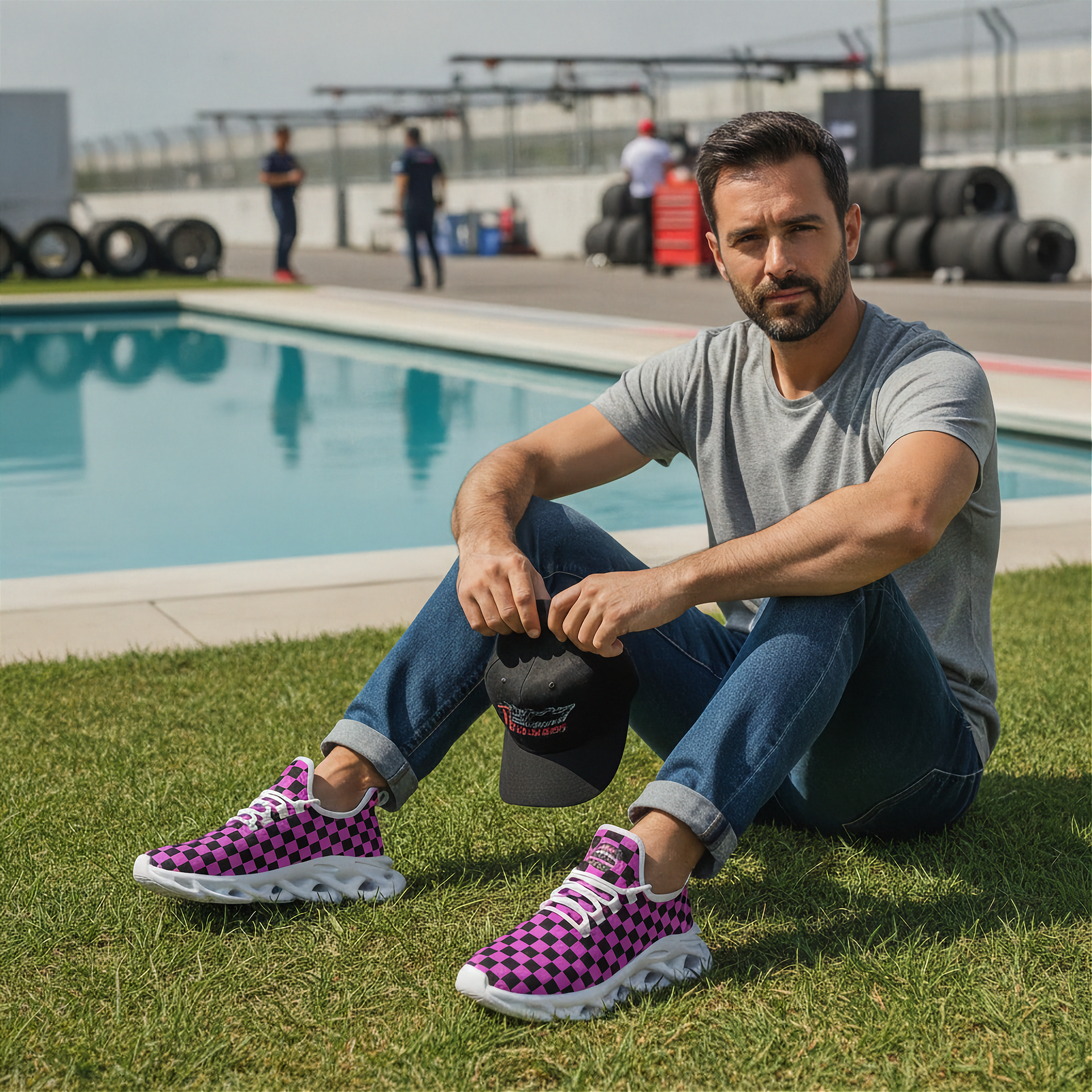Man sitting by a pool wearing purple checkered shoes with a race track in the background