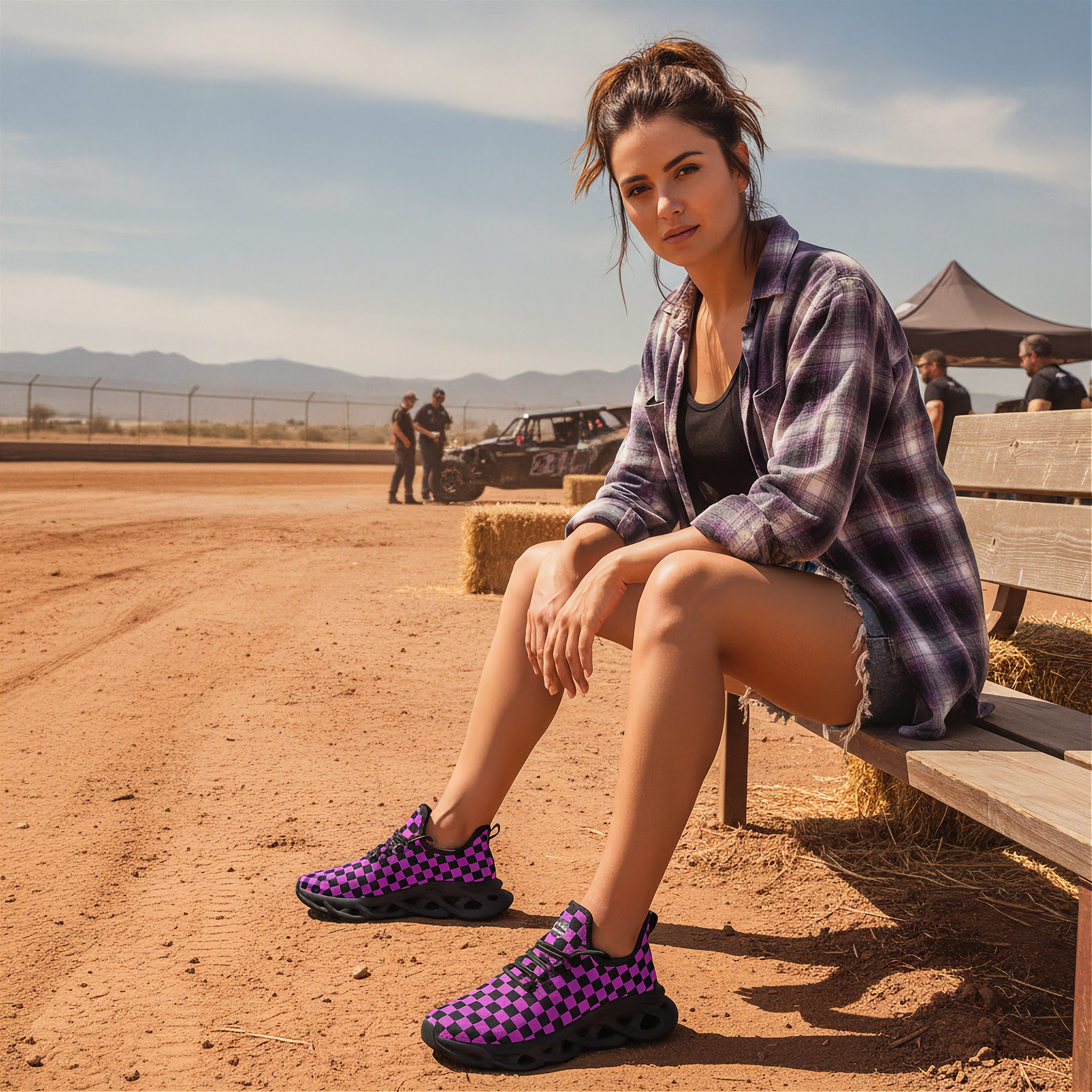 Woman sitting on a wooden bench in an outdoor setting with a truck and people in the background.