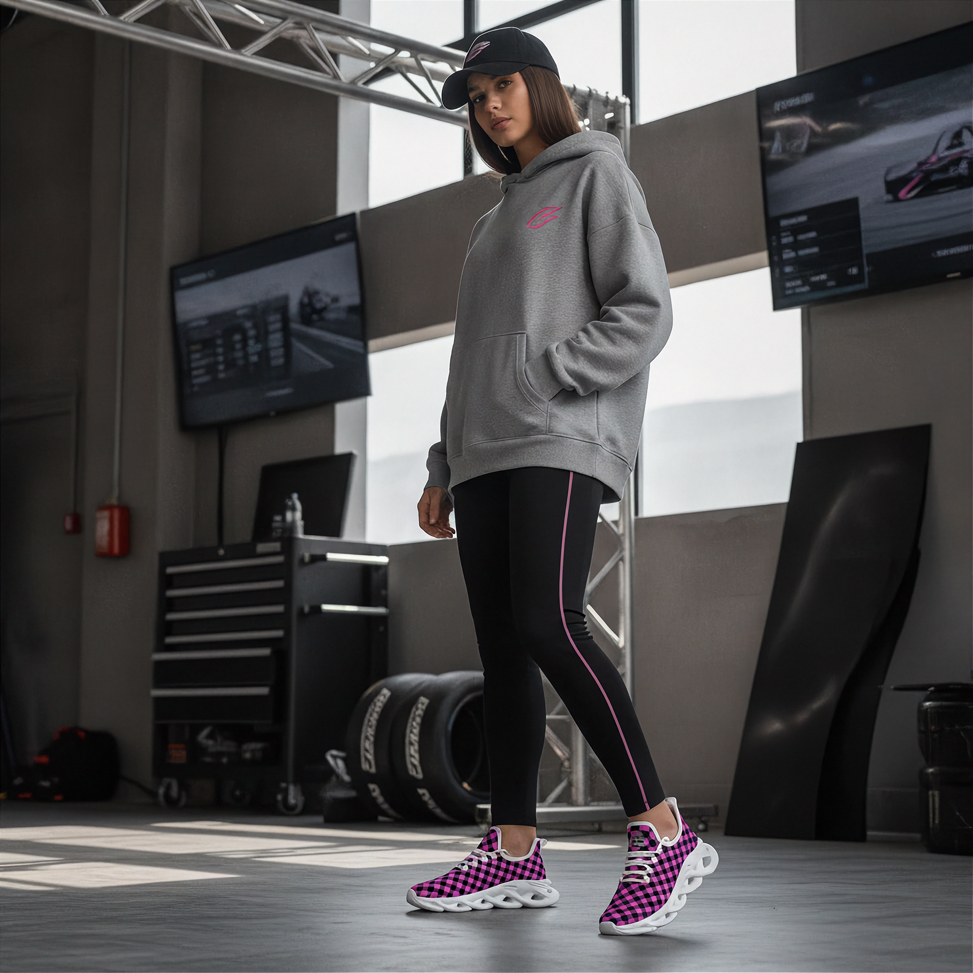 Woman wearing a gray hoodie and black leggings with pink accents in a garage setting and pink checkered shoes
