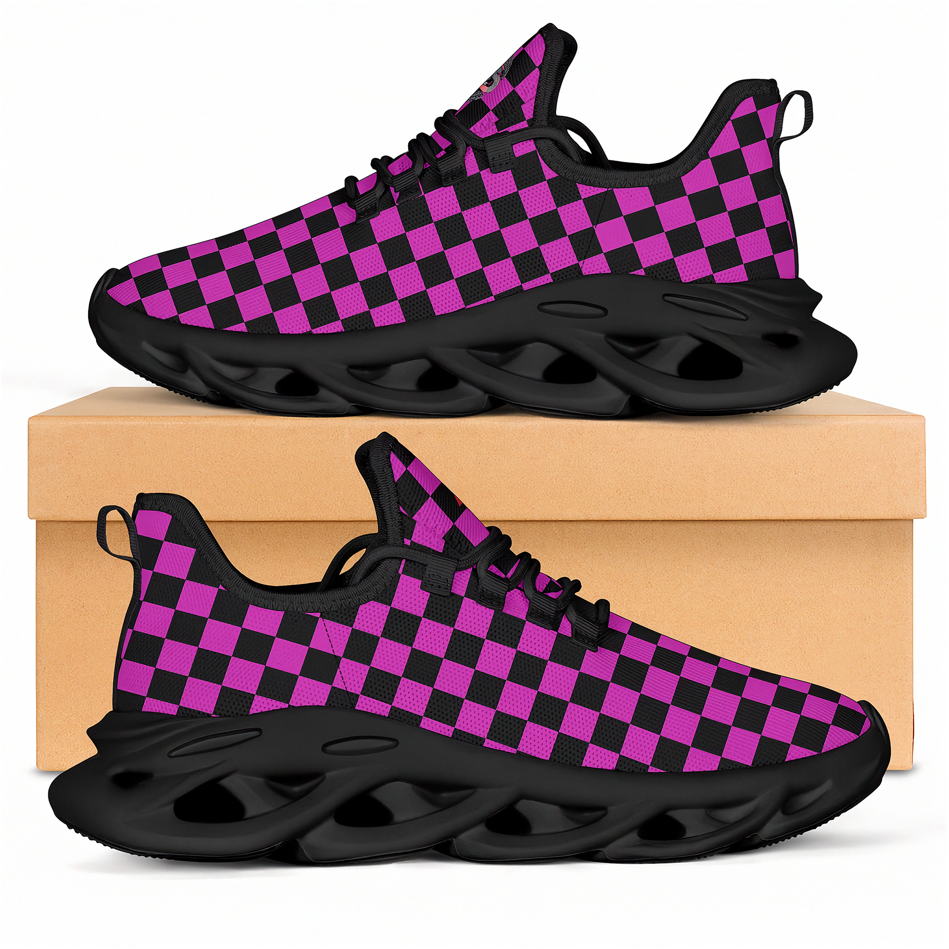 Black and purple checkered sneakers on a beige box with a white background