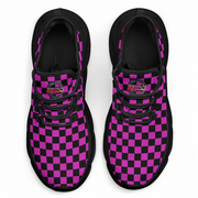 Black and purple checkered sneakers on a white background