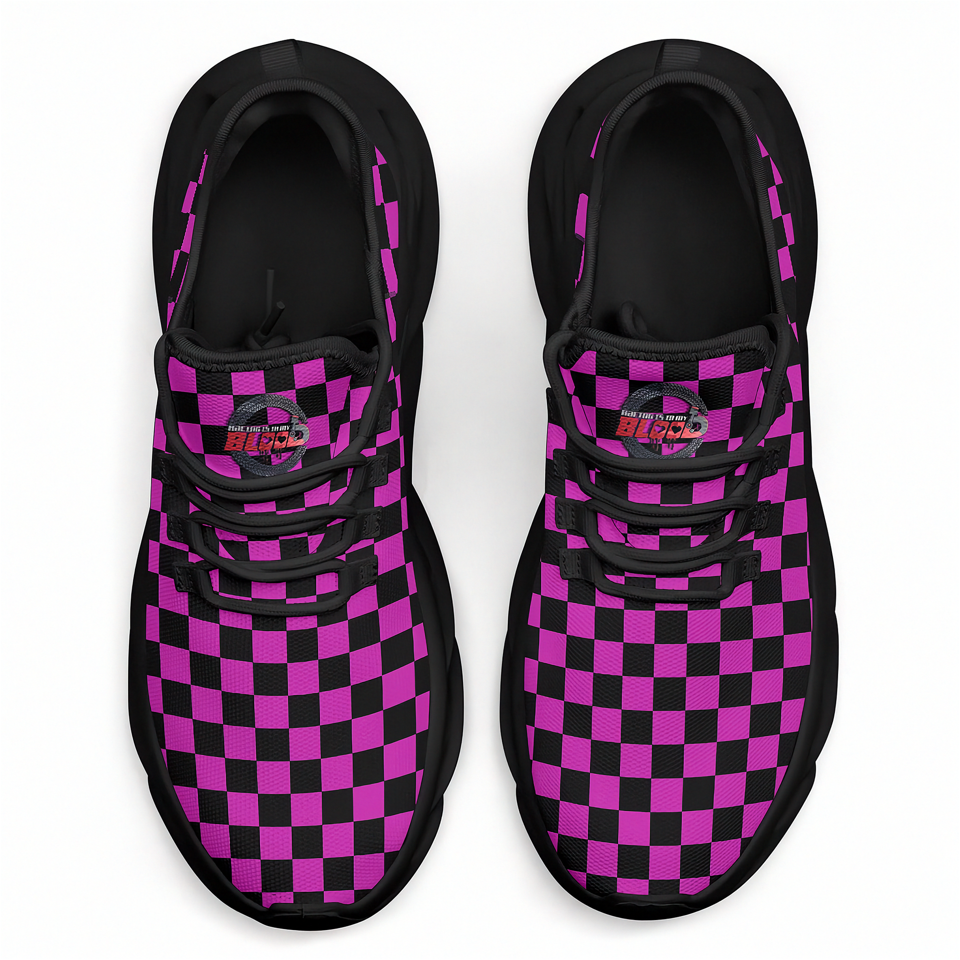 Black and purple checkered sneakers on a white background