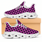 Purple and black checkered sneakers with white soles on a beige box.
