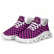 Pink and black checkered sneakers with white soles on a white background