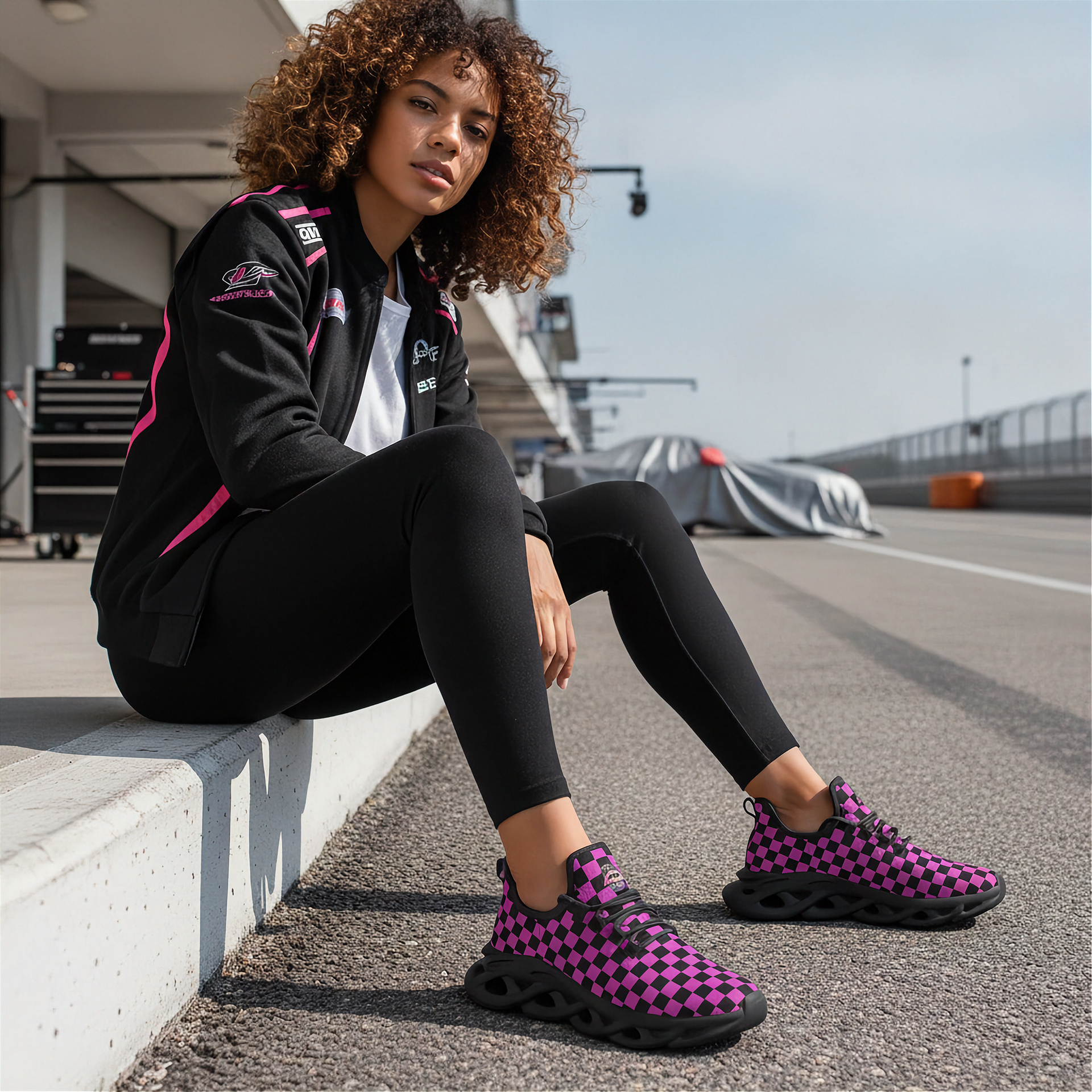 Woman sitting on a track wearing black and pink checkered shoes