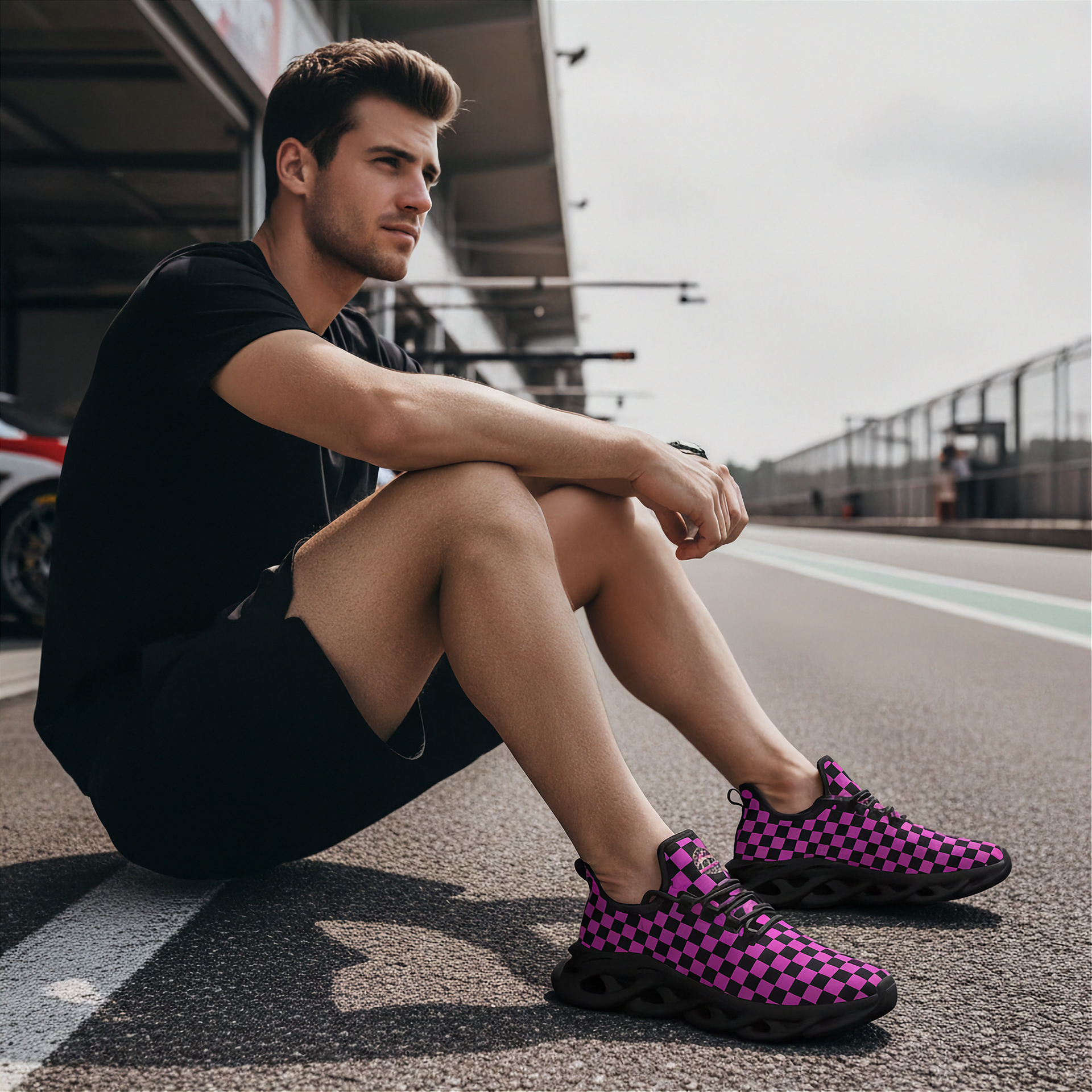 Man sitting on a race track wearing black and purple checkered shoes.