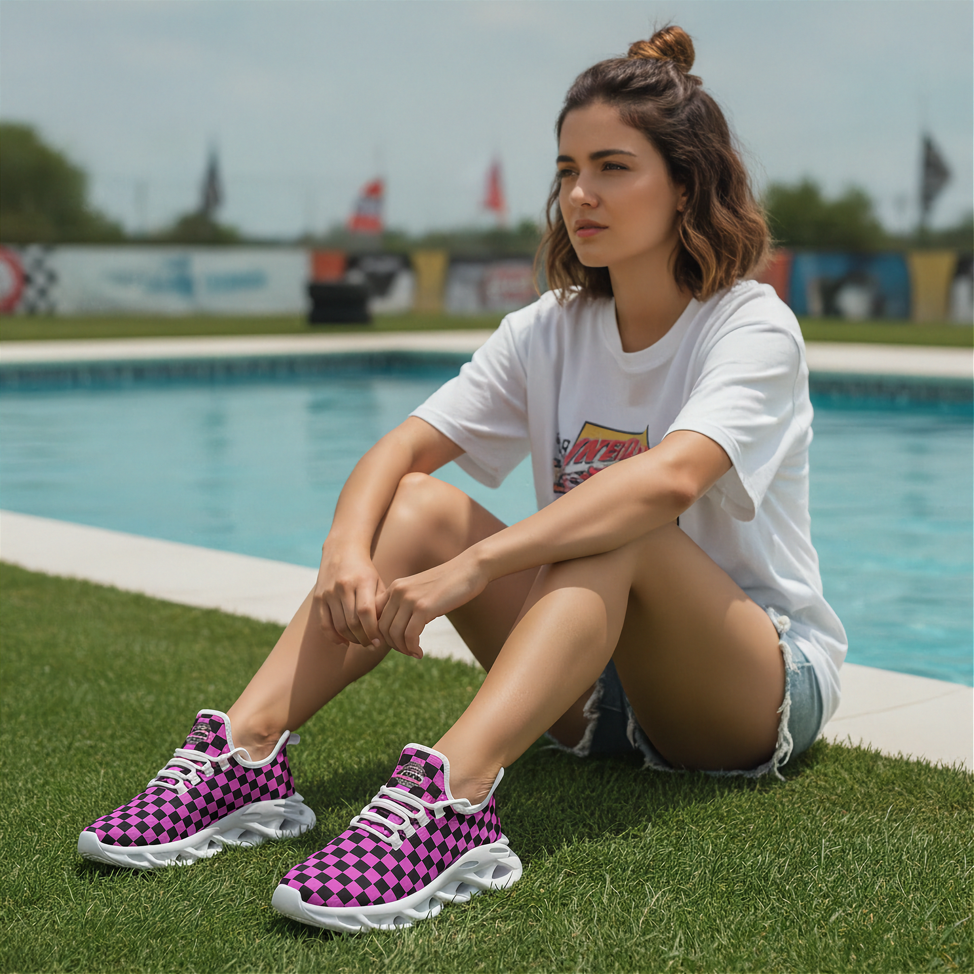 Woman sitting by a pool wearing checkered sneakers