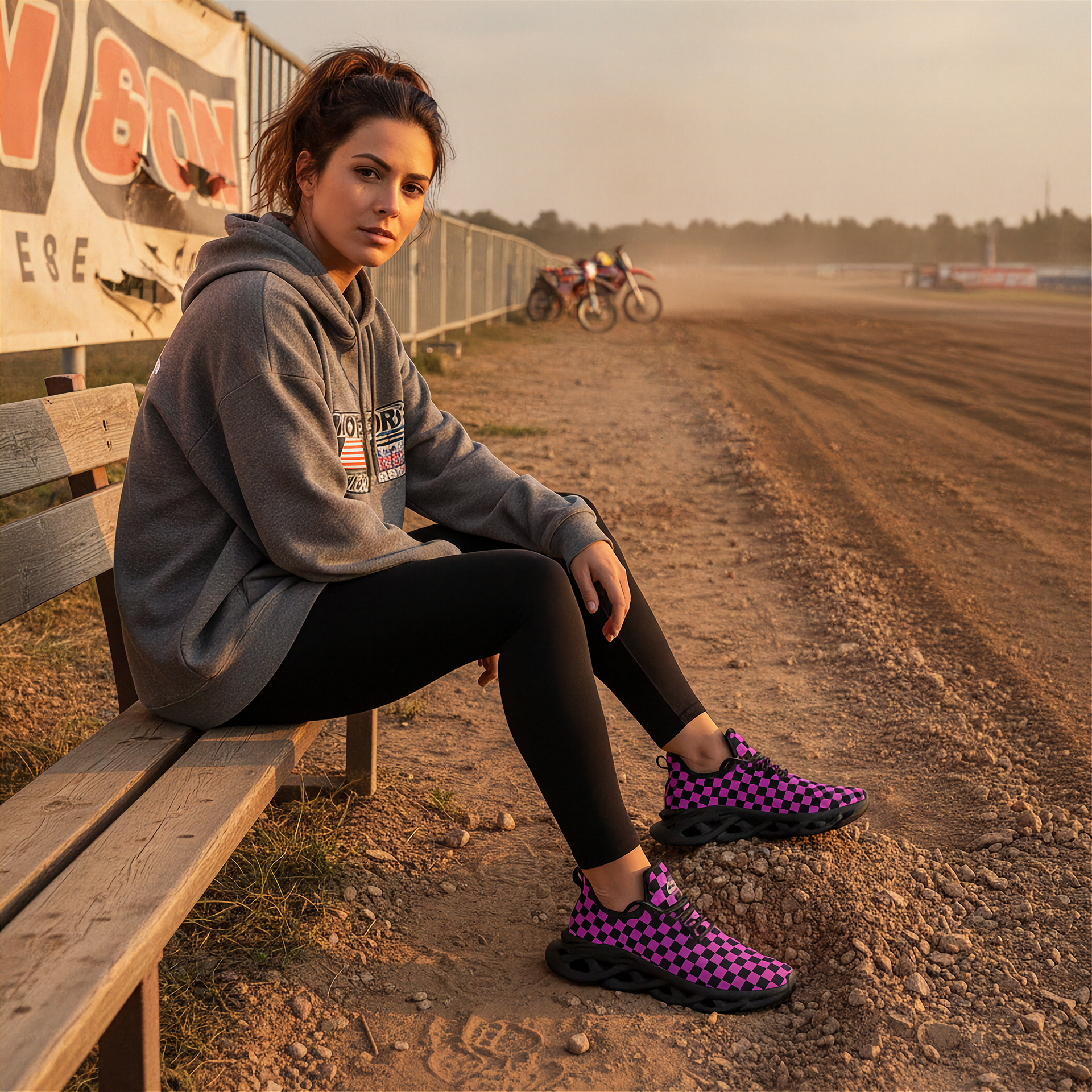 Woman sitting on a wooden bench at a race track wearing checkered boots.