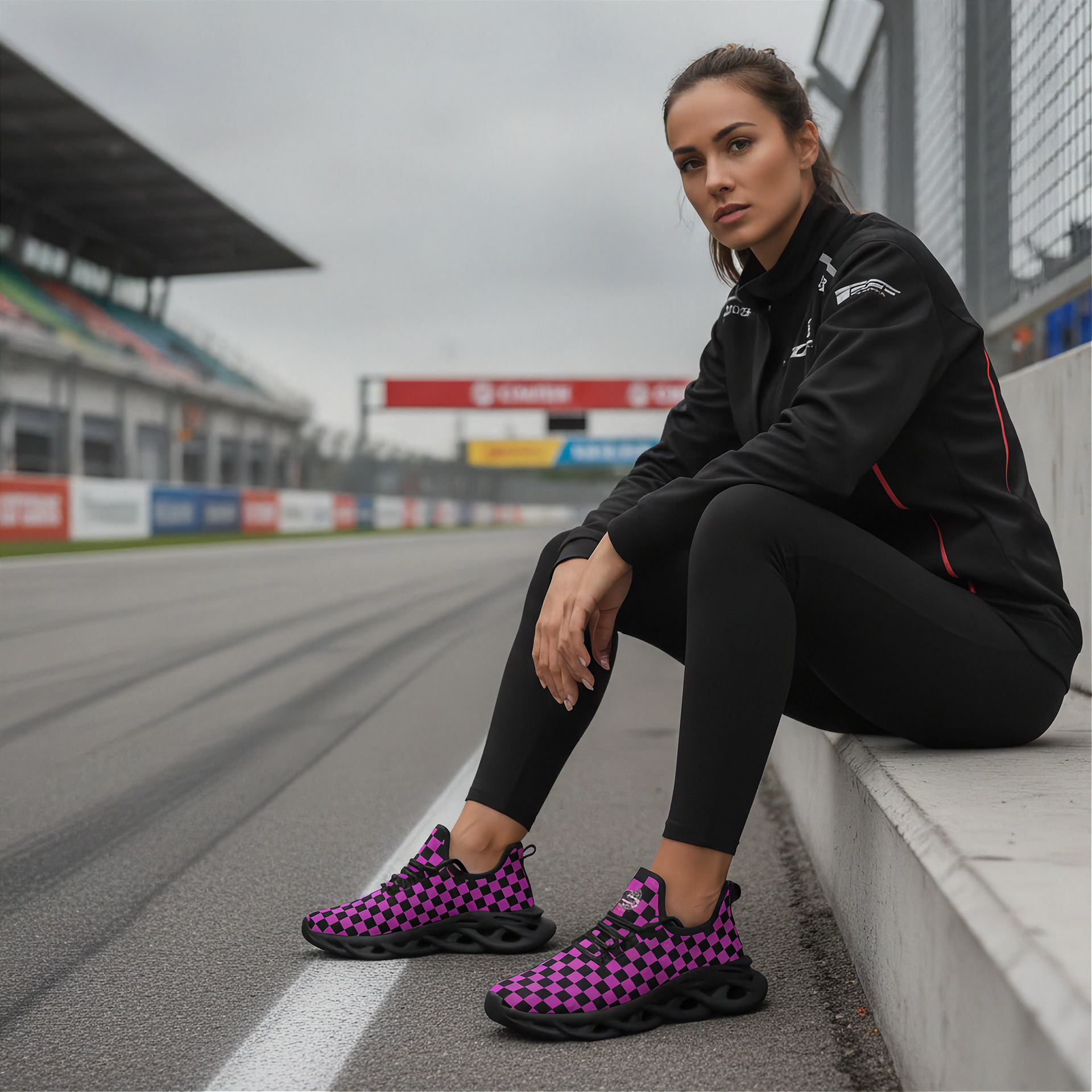 Woman sitting on a race track wearing black checkered shoes