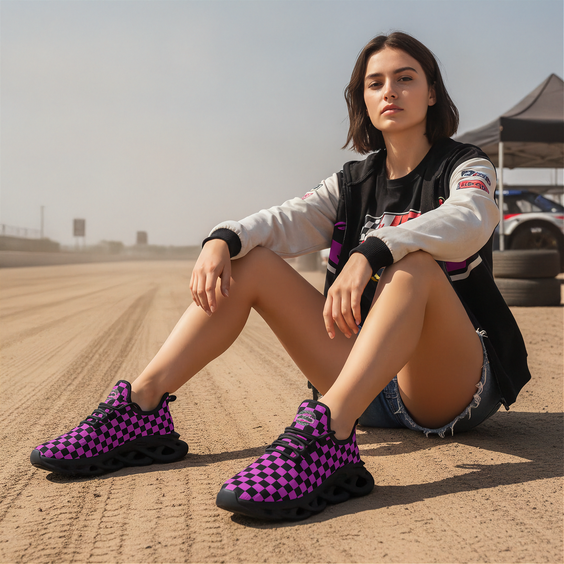 Woman wearing black and purple checkered shoes sitting on a dirt track.