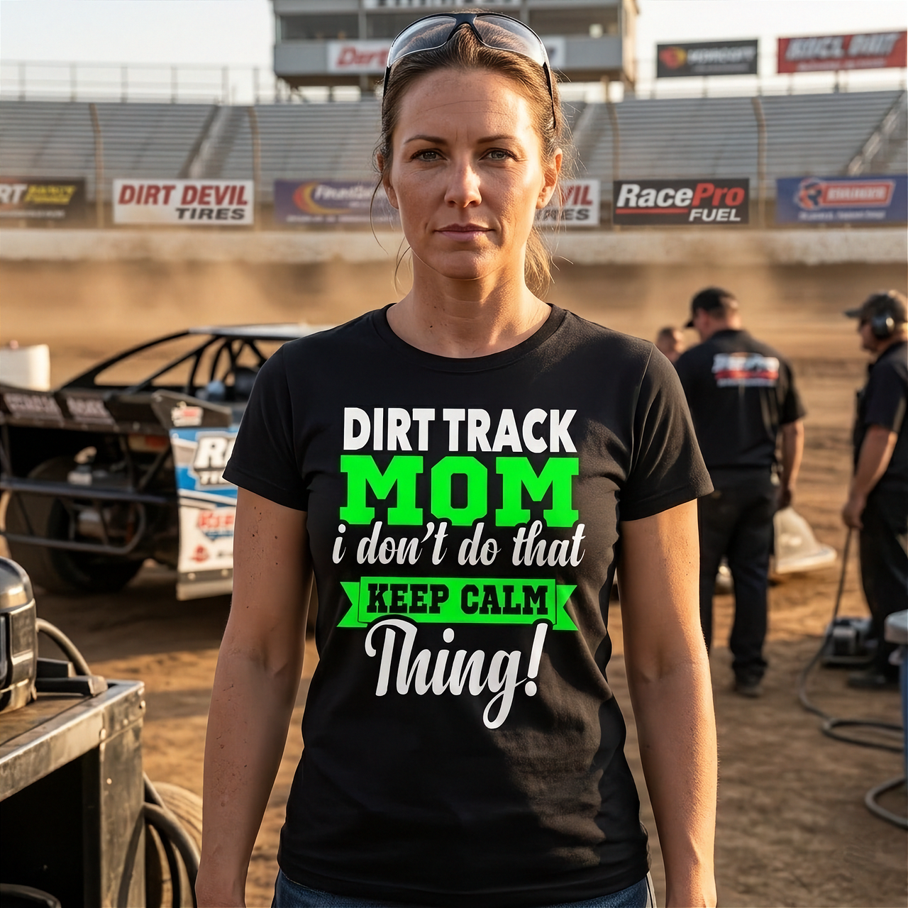 Premium black women's t-shirt mockup featuring a bold white and neon green graphic design that reads "Dirt Track Mom I Don't Do That Keep Calm Thing!" with track-inspired design accents.