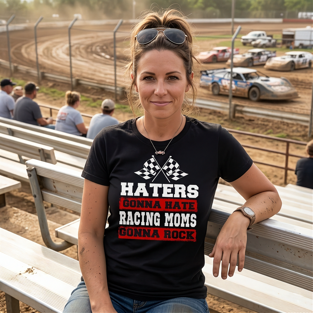 Premium black women's t-shirt mockup featuring a bold white and red graphic that reads "Haters Gonna Hate Racing Moms Gonna Rock" complete with crossed racing checkered flags.