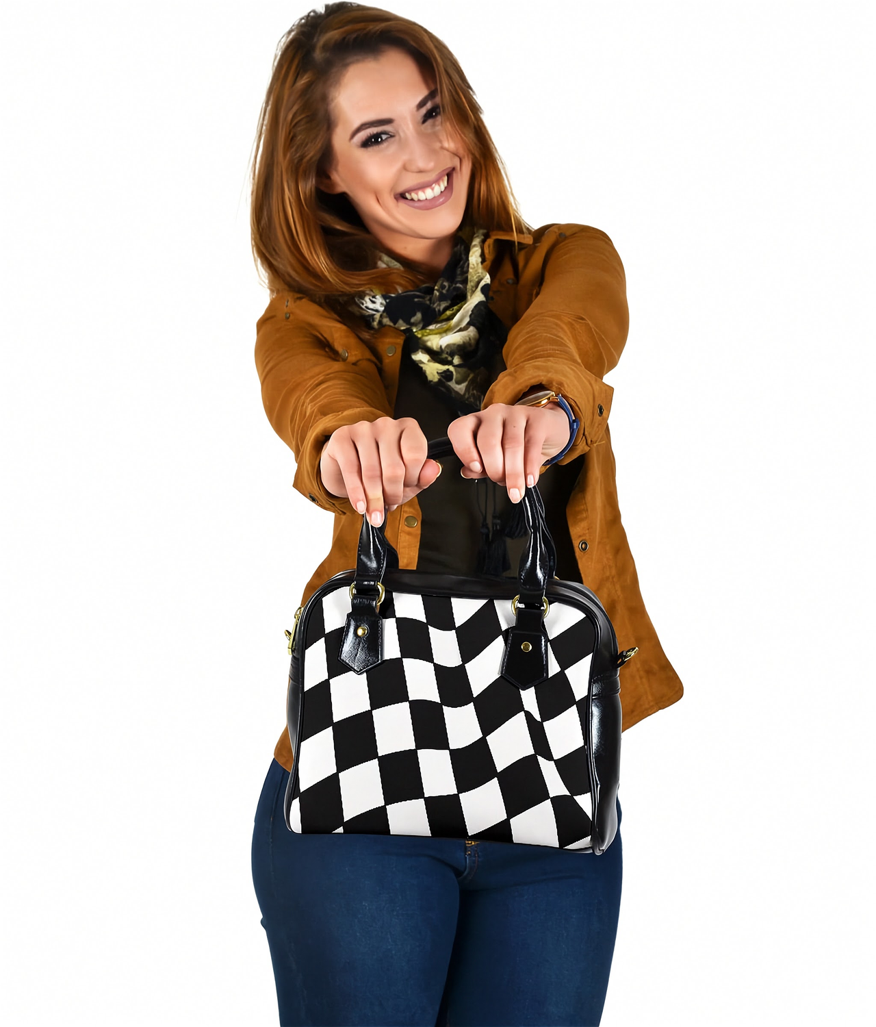 Premium leather shoulder handbag featuring an all-over racing checkered flag print with durable carrying straps and a removable shoulder strap.