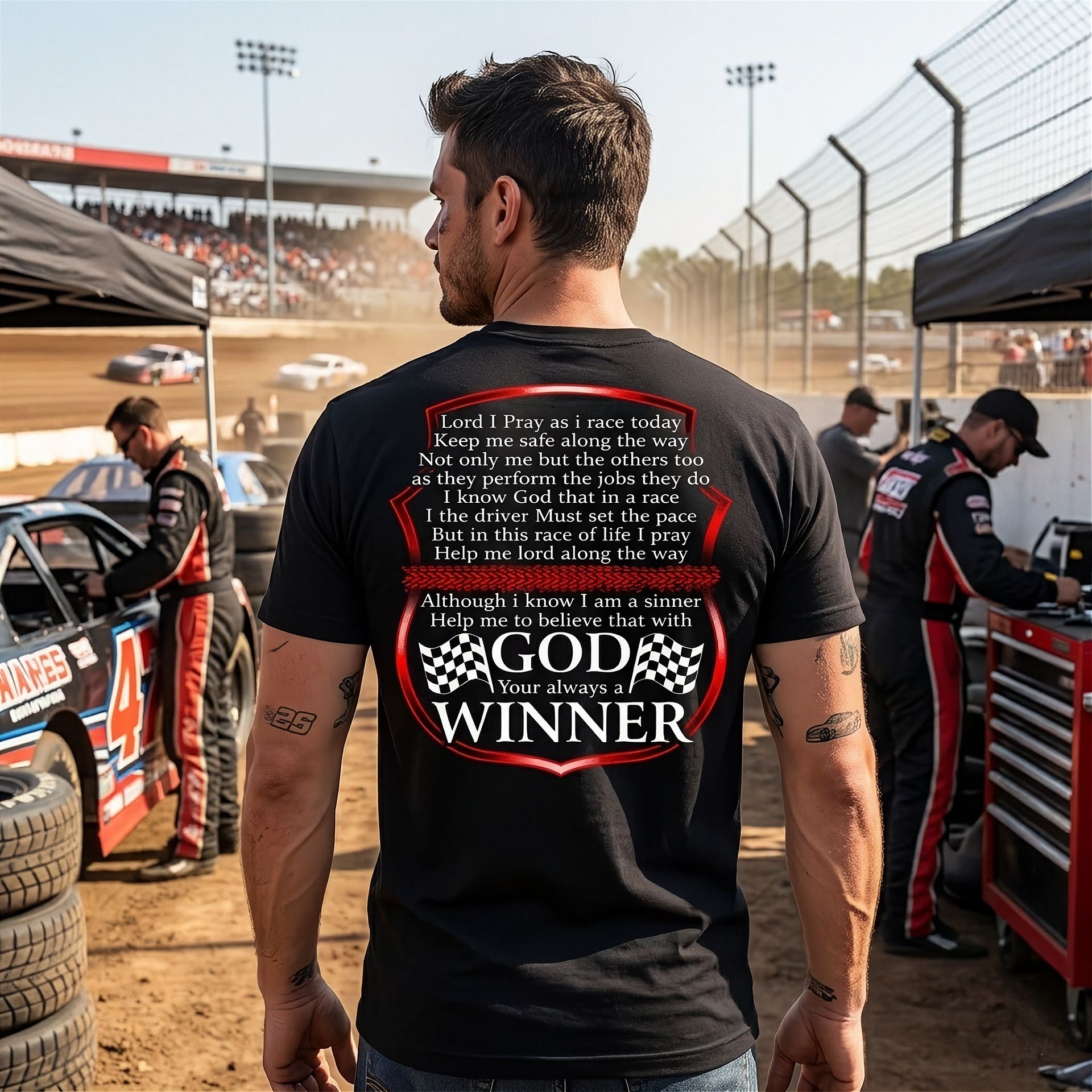 Premium motorsport apparel collection featuring a bold graphic layout with the prayer text "Lord I Pray As I Race Today" displayed across high-quality t-shirts, track tanks, and hoodies.