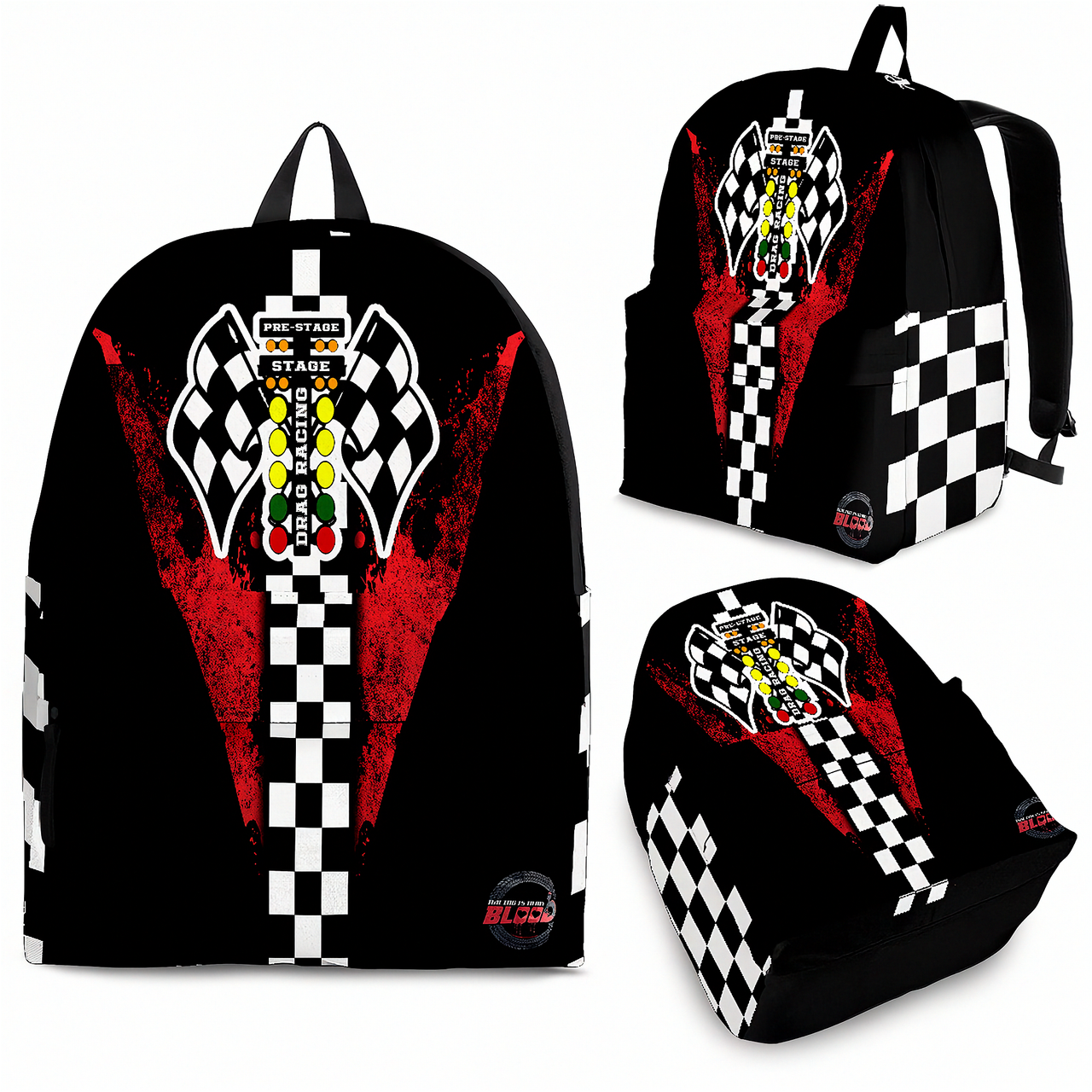 A realistic adult man and an 8 to 12 year old child walking side by side down a drag strip asphalt track towards staging lights, both wearing identical custom red drag racing track backpacks viewed from behind.