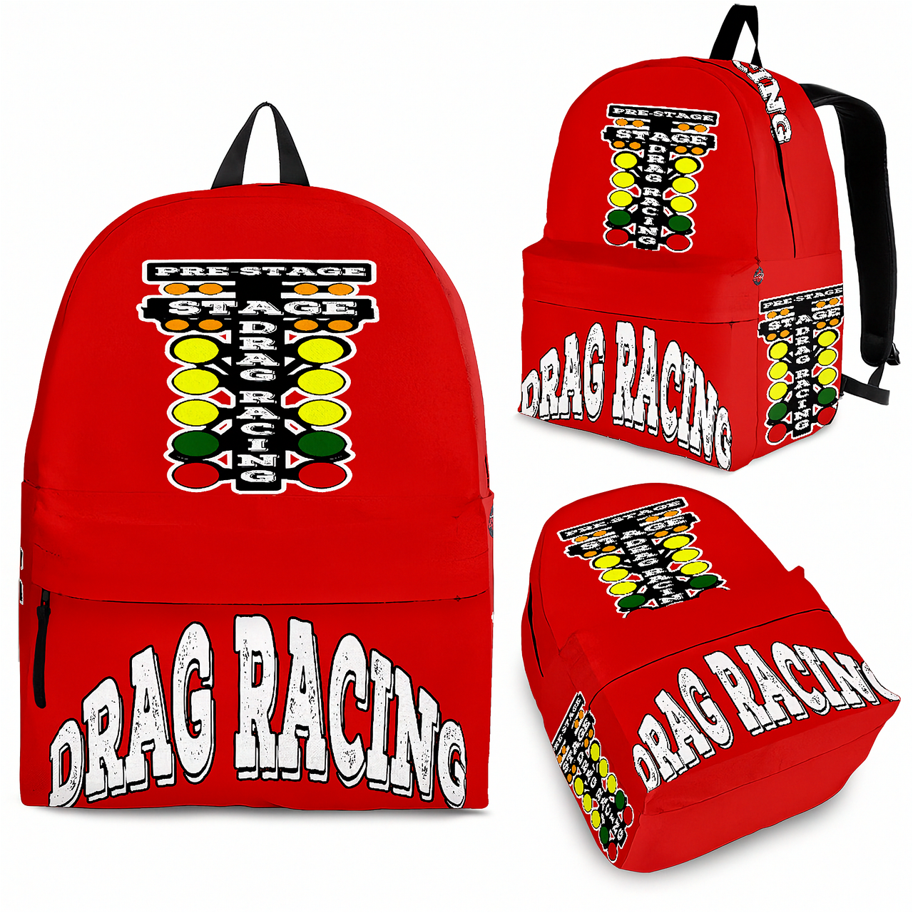 An adult man and an 8 to 12 year old child walking side by side down a drag strip lane toward the staging lights, both wearing identical custom red drag racing track backpacks viewed from behind.