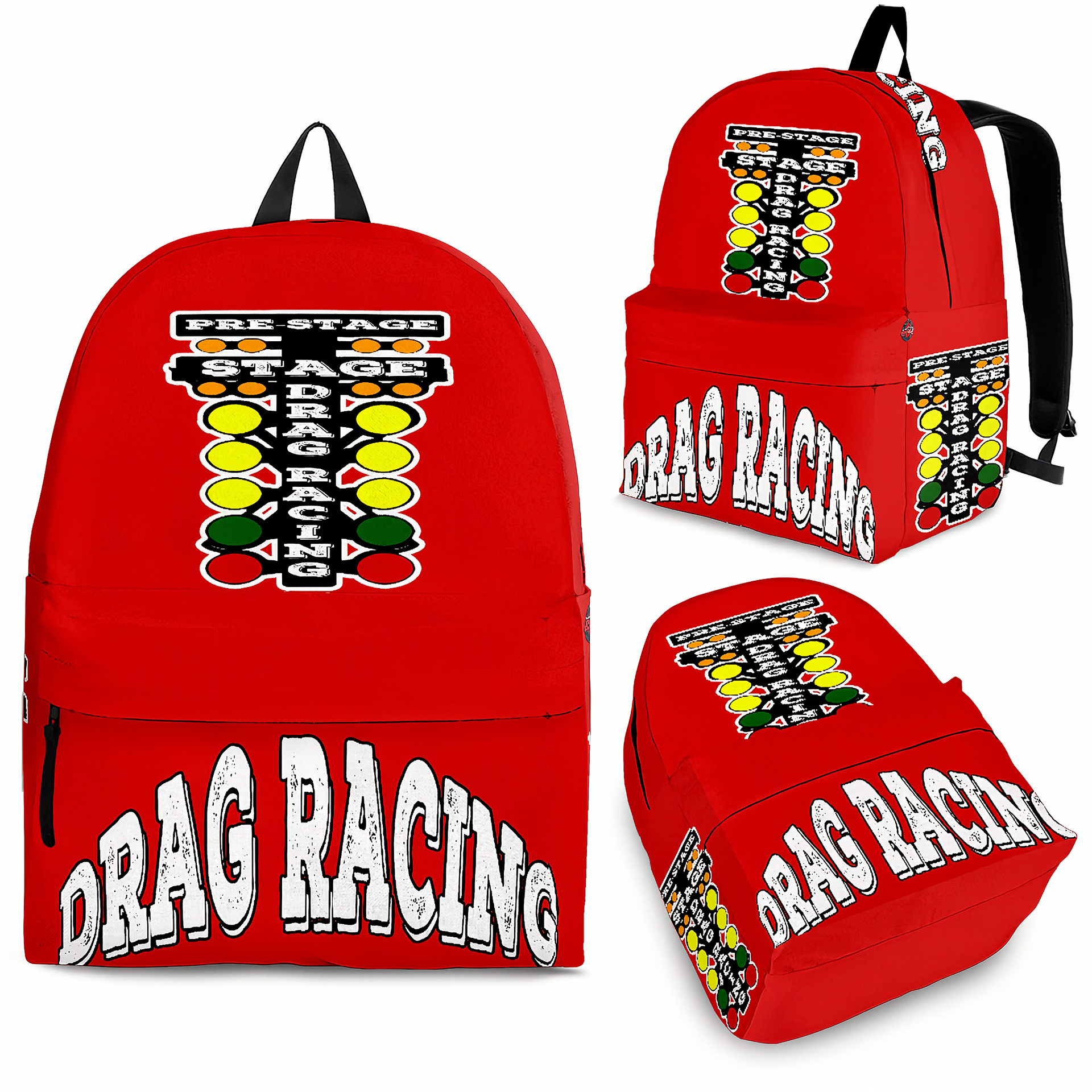 An adult man and an 8 to 12 year old child walking side by side down a drag strip lane toward the staging lights, both wearing identical custom red drag racing track backpacks viewed from behind.