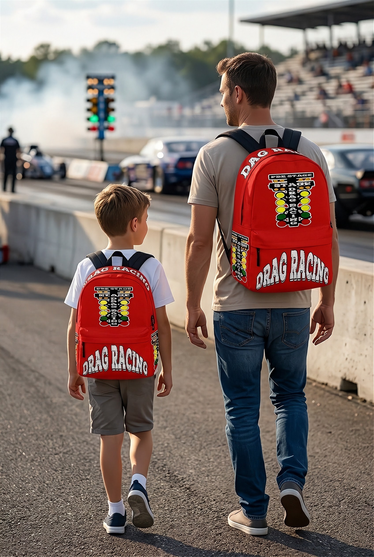 An adult man and an 8 to 12 year old child walking side by side down a drag strip lane toward the staging lights, both wearing identical custom red drag racing track backpacks viewed from behind.